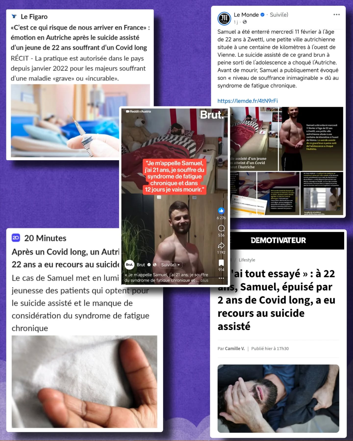 📰Nous avons rassemblé l’ensemble des articles parus en France concernant le suicide assisté de Samuel, 22 ans, atteint de #CovidLong et d’Encéphalomyélite Myalgique #EM
Nous remercions les médias pour leur traitement de cette situation.
C’était le souhait exprimé par Samuel dans son dernier message : que son histoire contribue au débat public.
⚖️Dans le cadre du projet de loi sur la fin de vie, des concertations ont été organisées dès 2023 afin d’intégrer la parole des patients au débat législatif.
L’association #ApresJ20 a été invitée à intervenir à l’Espace éthique Île-de-France pour porter la voix des personnes atteintes de #CovidLong.
🏛️À partir des témoignages recueillis, nous avons alerté sur un point central :
Lorsqu’un parcours de soins global n’est pas mis en place (incluant un accompagnement médical, social et professionnel) certaines demandes d’assistance au suicide peuvent s’inscrire dans un contexte de défaillance systémique.
🔎Les difficultés identifiées sont connues :
–Psychologisation des symptômes
–Invisibilisation du vécu des patients
–Hyper-responsabilisation et culpabilisation
–Crise de confiance dans la relation thérapeutique
📊Ces mécanismes ont des conséquences concrètes :
–Errance médicale
–Abandon ou renoncement aux soins
–Prises en charge inadaptées
–Faible reconnaissance du handicap et précarisation
–Désinsertion professionnelle et isolement social
📚L’absence d’information et de formation suffisantes sur le #CovidLong contribue à la production de représentations sociales simplificatrices ou stigmatisantes.
Cela fragilise les trajectoires de soins et altère l’accès effectif aux droits.
🧭Une réflexion éthique sur la fin de vie ne peut être dissociée d’une réflexion sur les conditions d’accès aux soins et à l’accompagnement.
Avant d’examiner les modalités d’aide à mourir, il est nécessaire d’évaluer si les patients ont effectivement bénéficié :
–D’un diagnostic fiable
–D’une prise en charge adaptée et pluridisciplinaire
–D’un accompagnement social et professionnel
⏬Suite en commentaire⏬ @gouvernementfr @sante_gouv @education_gouv @economie_gouv @travail_gouv @stephanie.rist @emmanuelmacron