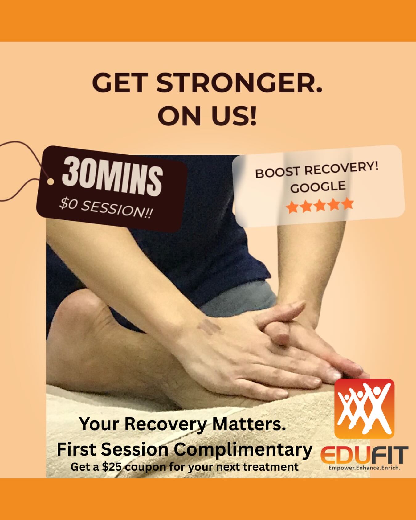 💪 GET STRONGER. ON US!
Your recovery matters — and we’re giving you the perfect reason to start.
🎉 Enjoy a 30-minute complimentary sports therapy session inclusive of assessment and treatment
💰 PLUS receive a $25 coupon for your next treatment
Whether you’re training hard, preparing for competition, or just feeling tight and sore — let us help you move better, recover faster, and perform stronger.
This is your sign to prioritise recovery.
📍 Limited slots available
📩 DM us to book your FREE first session
#EdufitAsia #SportsTherapySingapore #SportsMassageSG #RecoveryMatters #getstronger
