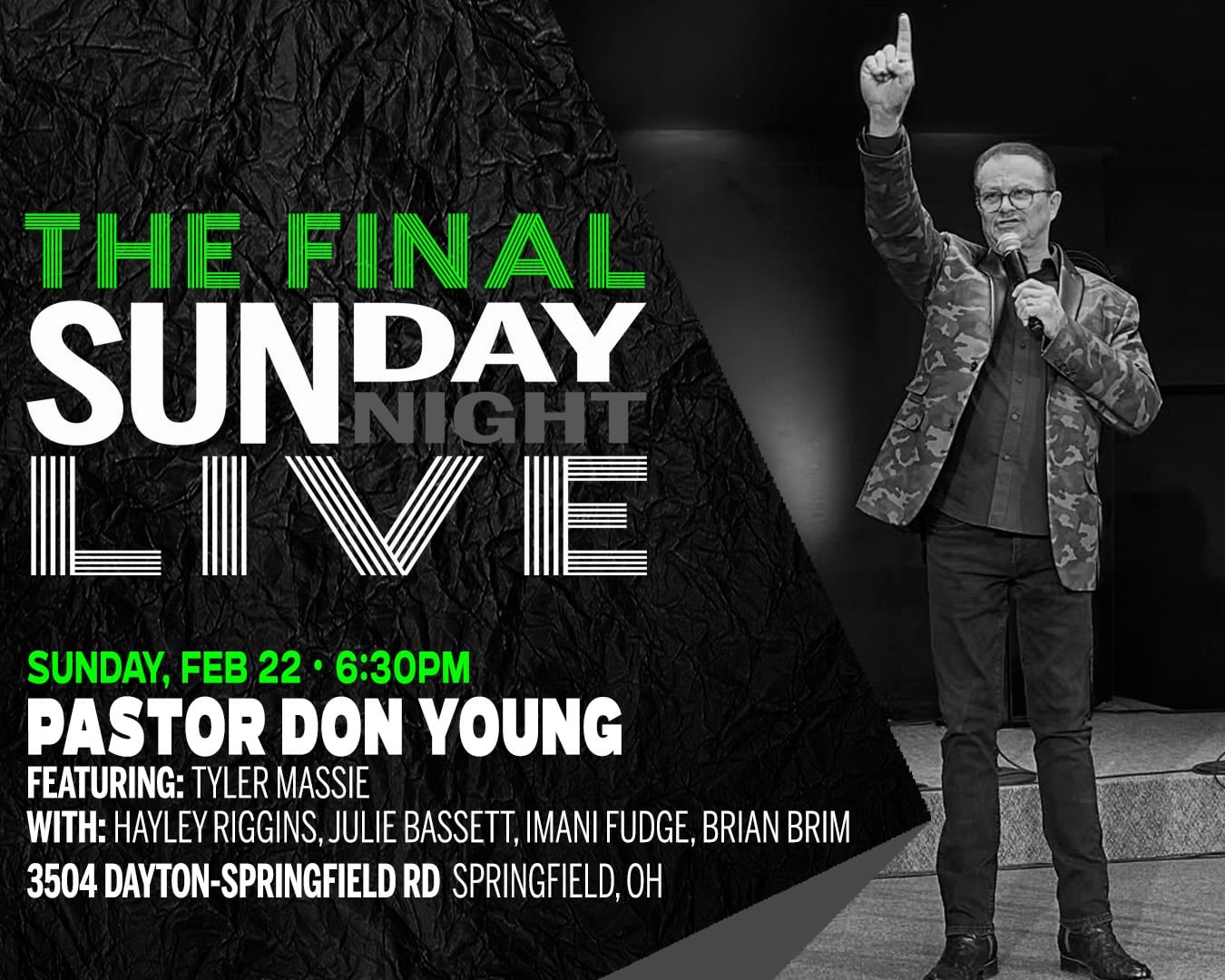 Pastor Don & Cathy made the announcement last Sunday night to let everyone know that after MUCH prayer, this coming Sunday night will be the last service at our Springfield location. With that being said, our team has vowed to make this last service one that will celebrate all God has done in over 25 years on Sunday nights at this location. We will be joined by praise team members from throughout the years, joining together again. Tyler Massie, Hayley Riggins, Julie Bassett, Imani Fudge, Brian Brim and possibly more will be there. Pastor Don will be ministering. Invite your friends. Let’s pack the church with worship, praise and thankfulness for the goodness of God. The best is yet to come. #sotchurch
