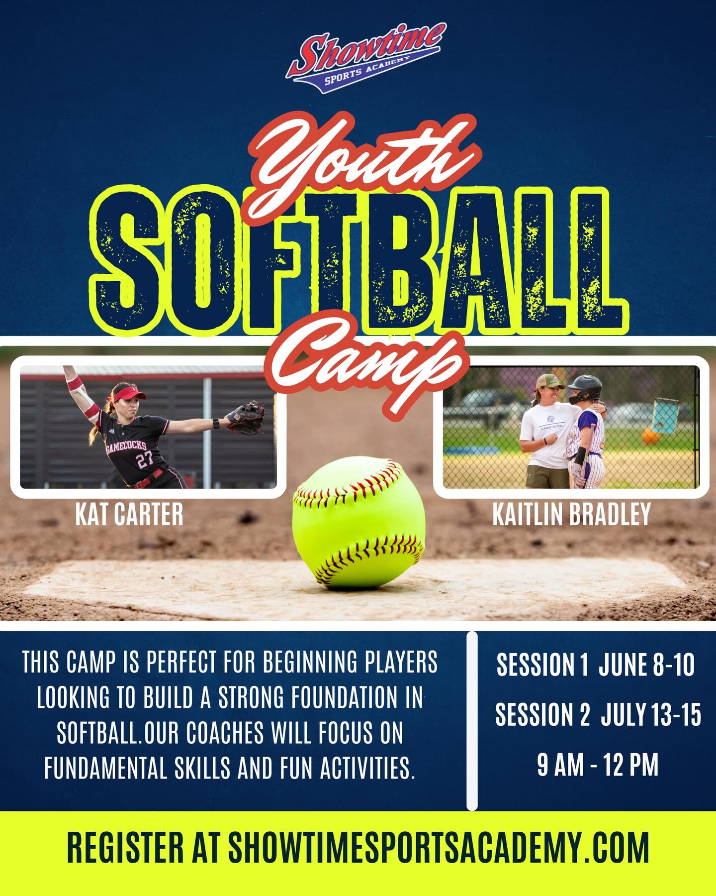 Showtime Summer Camp Lineup #2- This summer we have to great opportunities to be instructed by our amazing coaches Kat & Kaitlin that know the game inside and out! Register your youth 🥎 player today to lock in your spot!