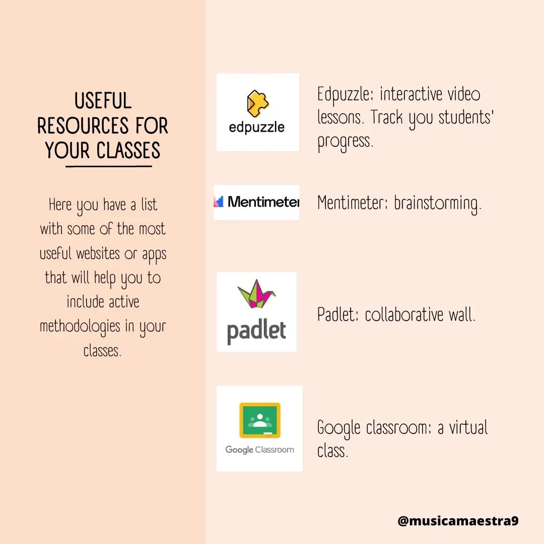 🤓Useful resources for your classroom
#appsformyclass #resourcesforyourclassroom #edpuzzle #googleclassroom #padlet #mentimeter #appsparaclase #recursosparaclase #activemethodologies #activelearning #flippedclassroom #metodologíasactivas #aprendizajeactivo
