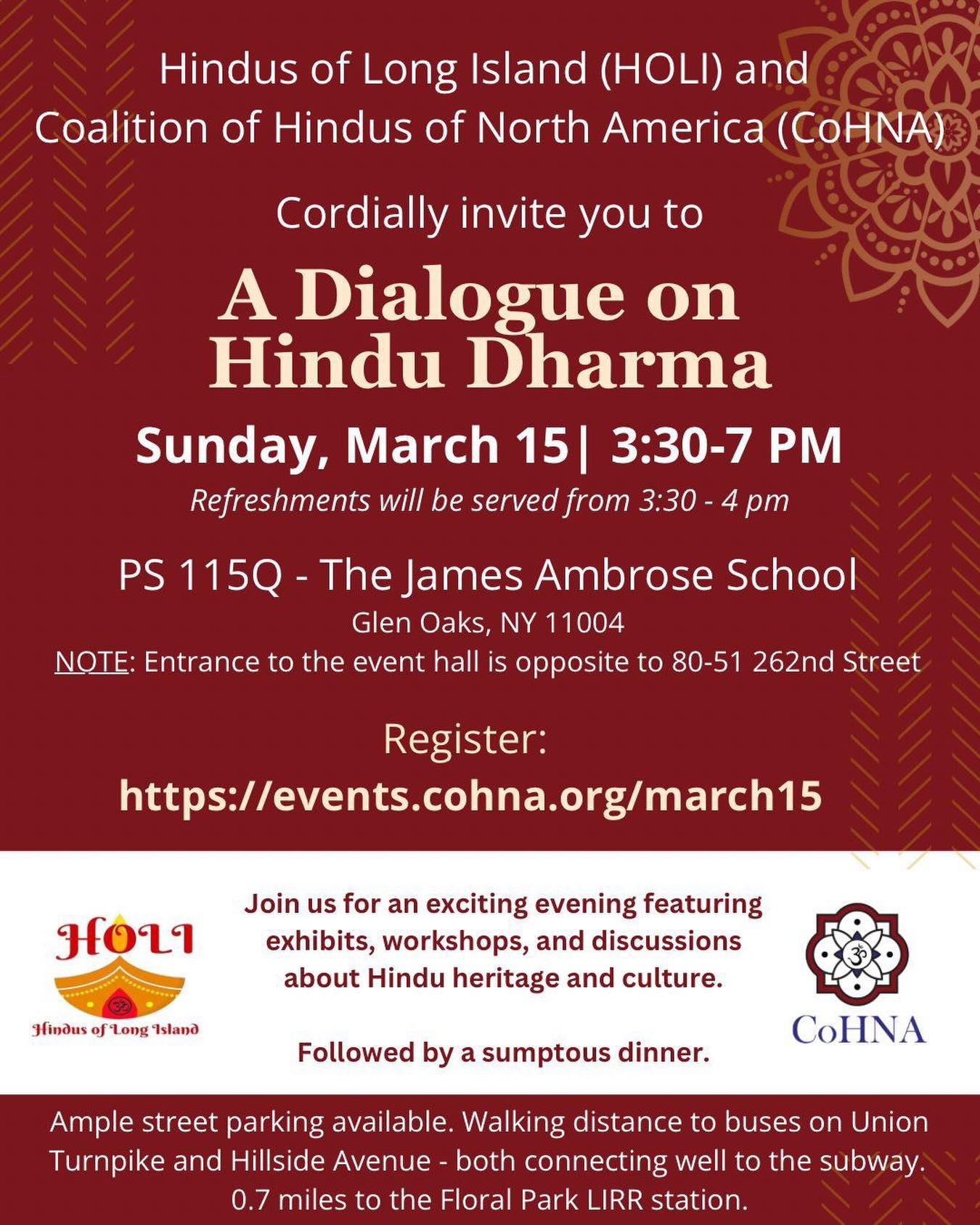 HOLI and CoHNA are cordially inviting you to - “A dialogue on Hindu Dharma” - Sunday March 15th at Glen Oaks NY- #hindudilouge #HOLIEVENT #holinewyork #hindusoflongisland