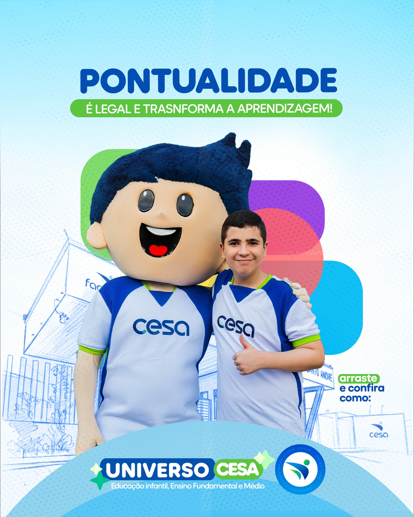 Pontualidade é legal e transforma o aprendizado! ✨
No Universo CESA, acreditamos que cada minuto é uma oportunidade de descoberta.
Estimule seu filho a cultivar esse valor desde cedo.
Responsabilidade e respeito caminham juntos com o relógio! 🕒💙