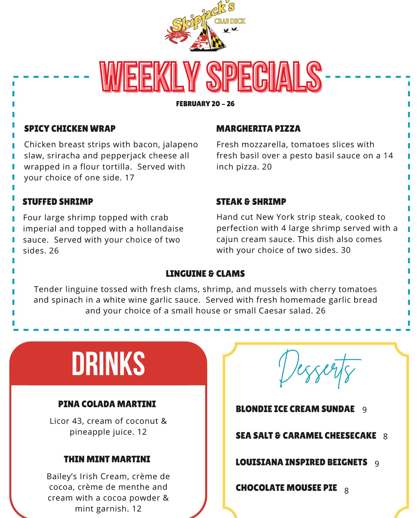 Happy Friday Baltimore! We're celebrating with some new Weekly Specials that launch Friday evening at 5p. They stick around for a limited time through next Thursday 2/26 so come and get 'em while you can!
See you at Skipjack's! - 410-630-2637 - skipjackscrabdeck.com