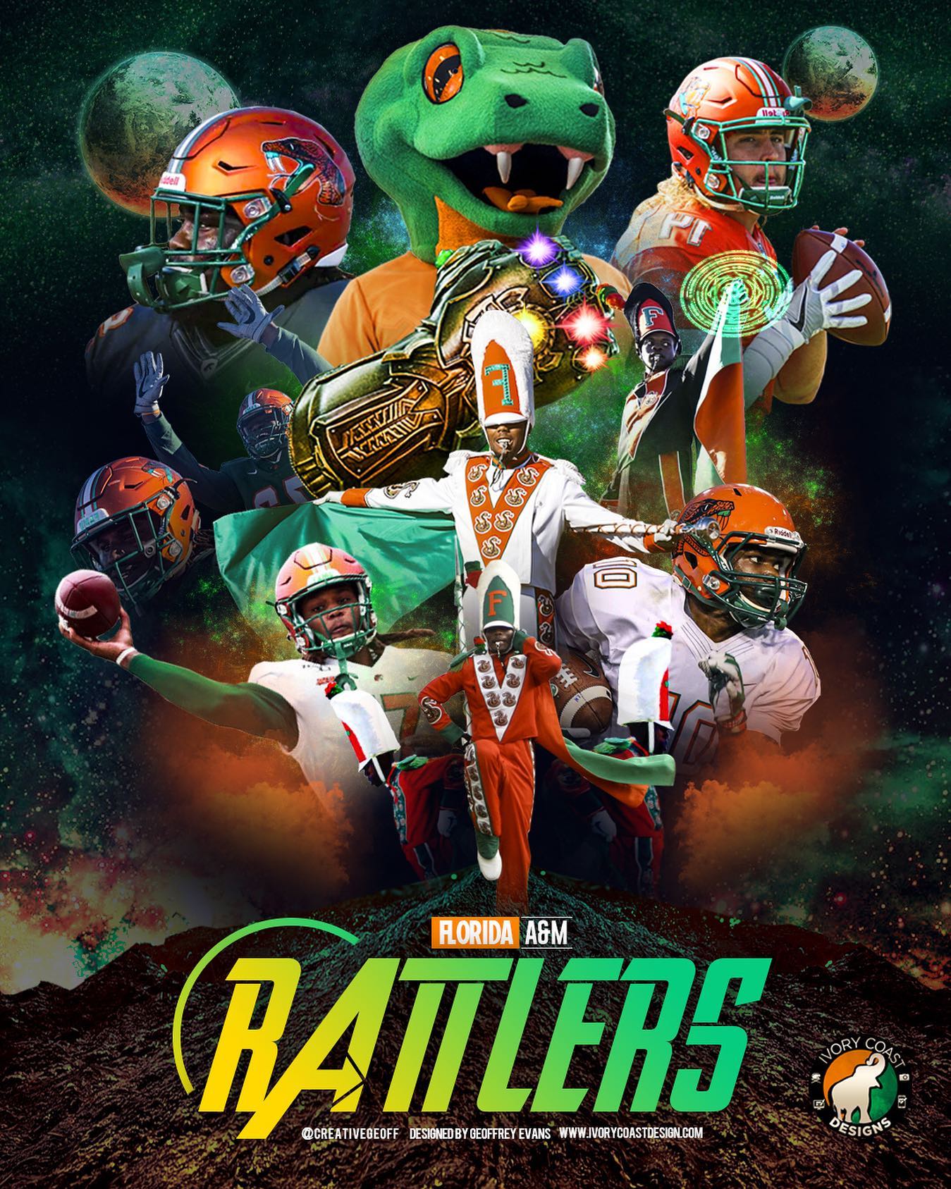 Took me 8 hours on and off. But finally finished my Avengers-inspired poster for @famu_1887 what y’all think of it?
#famu #marvel #marvelcomics #avengers #geek #blacknerd #hbcu #floridaclassic #bcu #thanos #ironman #creative #flyerdesign #graphicdesign #photoshop