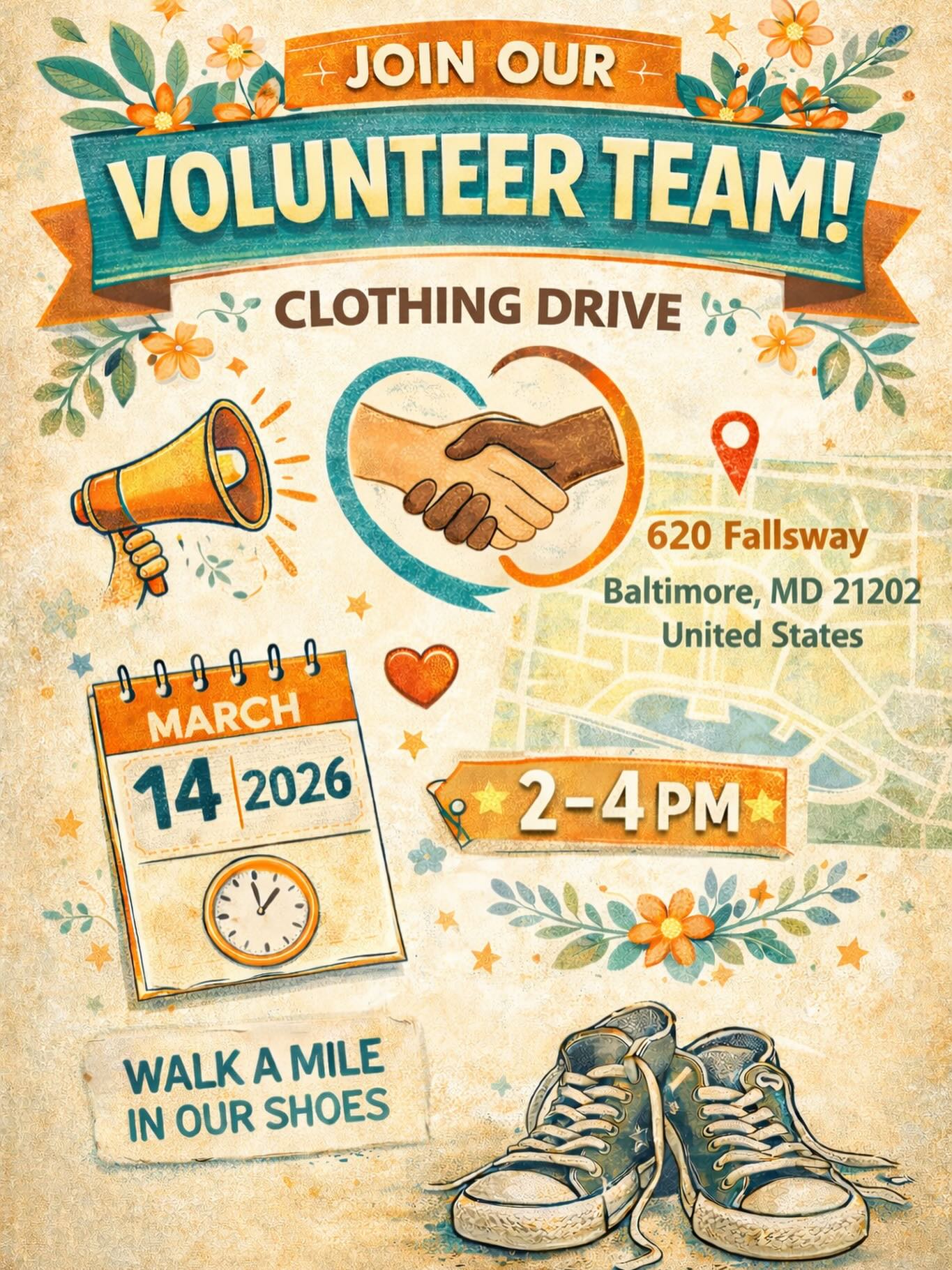 Baltimore we didn’t forget you! WalkAMileNOurShoes Inc. Baltimore Region will be having a clothing drive. As stated prior, a small act of warmth can make a big difference in someone’s day — and their life! If you’d like to donate clothes, shoes or contribute in any way, please reach out. Let’s make a difference!
Date:3/14/26
Location: 620 Fallsway Baltimore, MD 21202
Time: 2-4 pm
#communityservice #community #volunteer #nonprofit #walkamilenourshoes