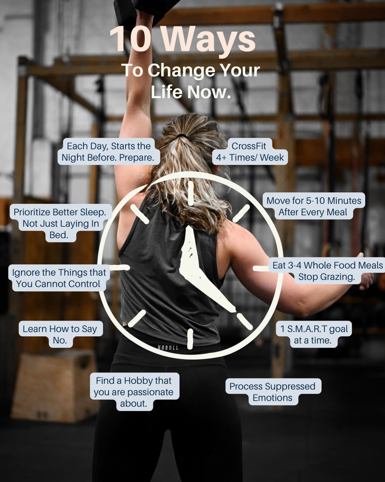 1. CrossFit 4+ Times Per Week. At Least 2 of these sessions should be weightlifting/strength focused.
2. Move for 5-10 Minutes After each meal. Take a walk, do 15 burpees. Ride a bike.
3. 3-4 whole food meals per day. Less grazing. Everyone’s nutritional needs will vary slightly. This is a long term and sustainable staple.
4. Ignore the things that you cannot control. News. Some environmental toxins. Others actions around you.
5. Process suppressed emotions. Talk about them, get them out, Emotion Code @seemorehealing, tapping.
6. 1 SMART goal at a time. Specific, measurable, achievable, relevant, time based. You can only have 1 Priority at a time.
7. Learn how to Say No. Do less, but do it better. Say no to events, extra work projects, things that create more stress in your life. Check out -Essentialism, by Greg Mckeown
8. Find a hobby that you are passionate about. This is specifically important for men. Something that drives you and something that you enjoy the process, not just the reward.
9. Get Better Sleep, not just laying in bed longer. Write down things distracting you before bed and plans for tomorrow. Stop eating 2+ hours before bed. Eliminate night time screens and lights. Do this consistently for weeks and weeks.
10. Tomorrow starts Today. Pack your meals, set out your clothes, plan your day. Wake up ready to execute.
.
.
.
📸 @mend_photos