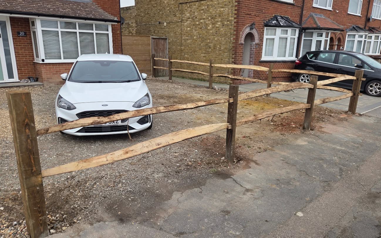 Rustic chestnut post and rail fencing installed this week near Sittingbourne. Really frames the driveway.