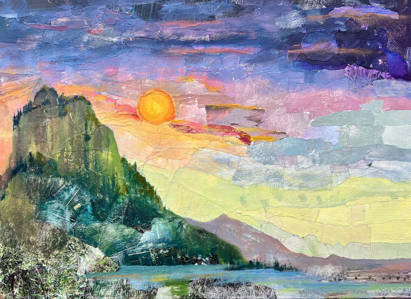 I love choosing pieces of torn paper (from my pre-sorted by color stash!) and intuitively glue them down on canvas. Often there is a landscape that appears. I usually go back into it with acrylic paint. It is mysterious and delightful!
