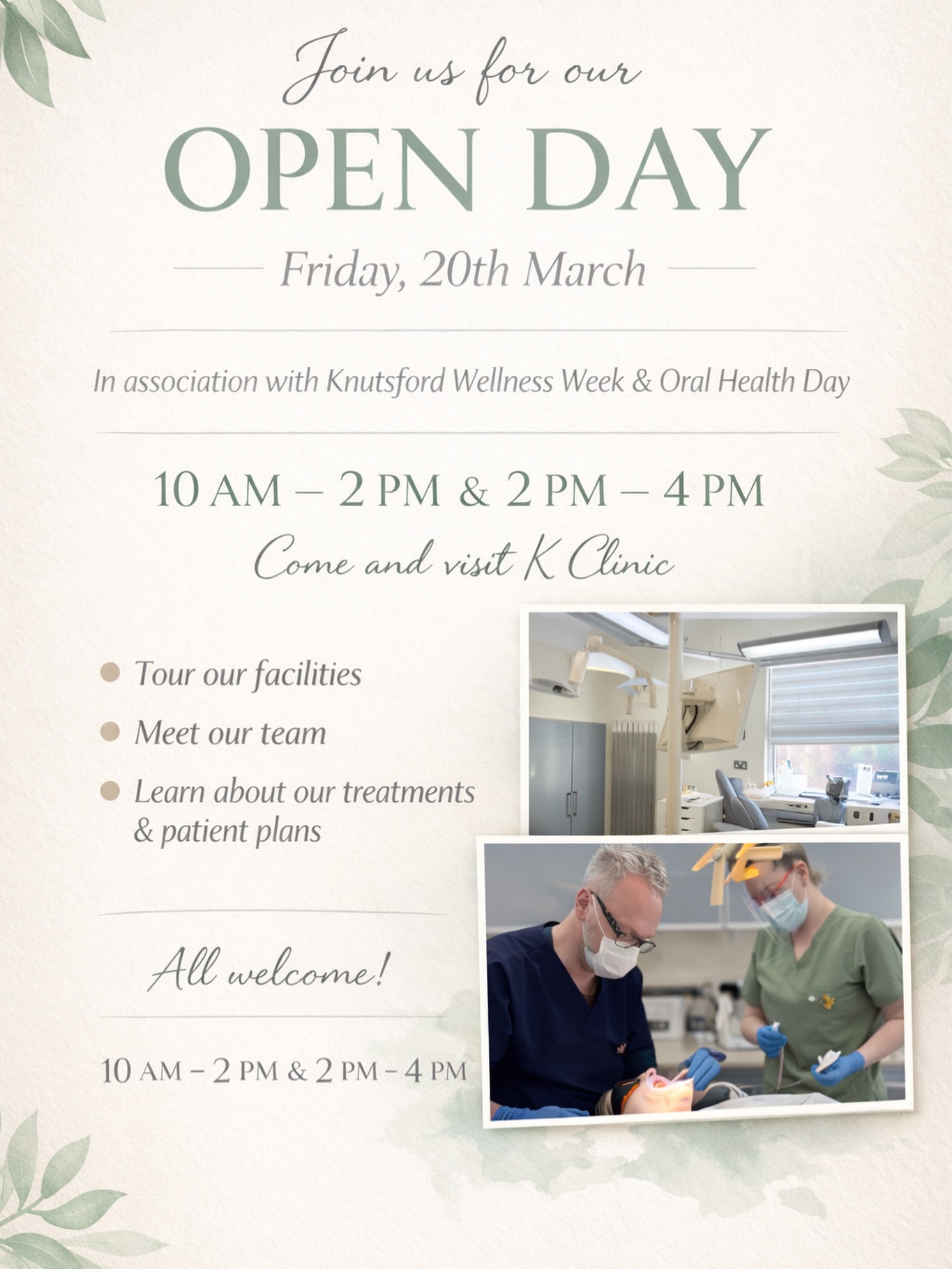 Open Day at K Clinic 🤍
We’re opening our doors for a special Open Day in partnership with Knutsford Wellness Week and Oral Health Day.
Come and meet our team, take a tour of the clinic and discover the treatments and patient plans we offer.
📅 Friday, 20th March
🕙 10am–2pm & 2pm–4pm
Everyone is welcome ✨
We can’t wait to see you!
📍7 Windsor Way, Knutsford WA16 6JB
🌐 www.kclinic.co.uk
📱 07946 219 539
☎️ 01565 653480
#openday#knutsford#dentalclinic#smilecare#meettheteam