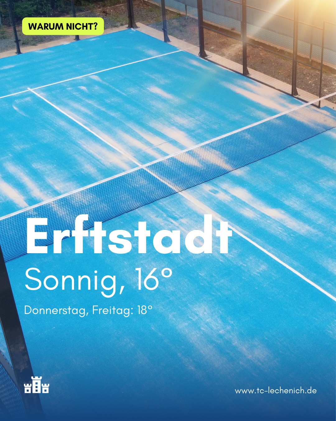 Zeit zum Outdoor-"Anpadeln" ☺️ Kurze Hose an und rauf auf den Court! Heute und auch mindestens morgen ist schönes Wetter angesagt. Bucht euren Court auf unserer Website tc-lechenich.de 🎾 Viel Spaß beim Zocken!
#padel #sunny #springvibes #vamos #padeladdict