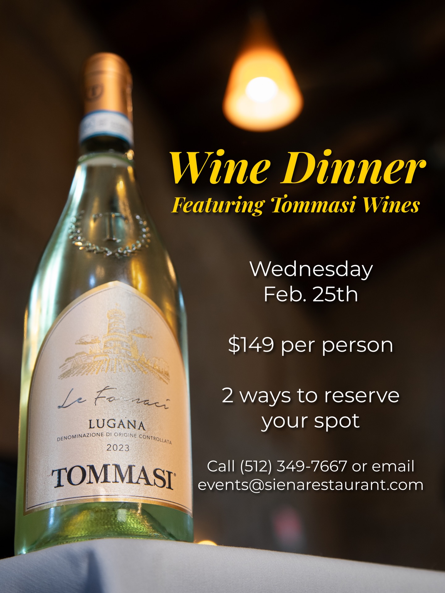Wine dinners are only as good as the person pouring them. On February 25th, we’ve got Paride Nardotto from Tommasi Estates walking us through five of their flagship wines – the ones that have built this family’s reputation across nine Italian wine regions.
Paride’s from Veneto, worked throughout Tuscany and Valpolicella with the Tommasi family, and knows these vineyards inside and out. When someone like that pours you a glass, you’re getting the whole story behind it.
Chef David’s built a five-course menu around these wines. Prosecco with mortadella and caviar. Lugana with Meyer lemon pasta and Kauai prawns. Brunello with duck confit. Aglianico with lamb chops. And Amarone with wood-grilled prime New York strip.
Wednesday, February 25th at 6:30 PM. $149 per person. Prepaid only.
Call (512) 349-7667 or email events@sienarestaurant.com to reserve your spot.