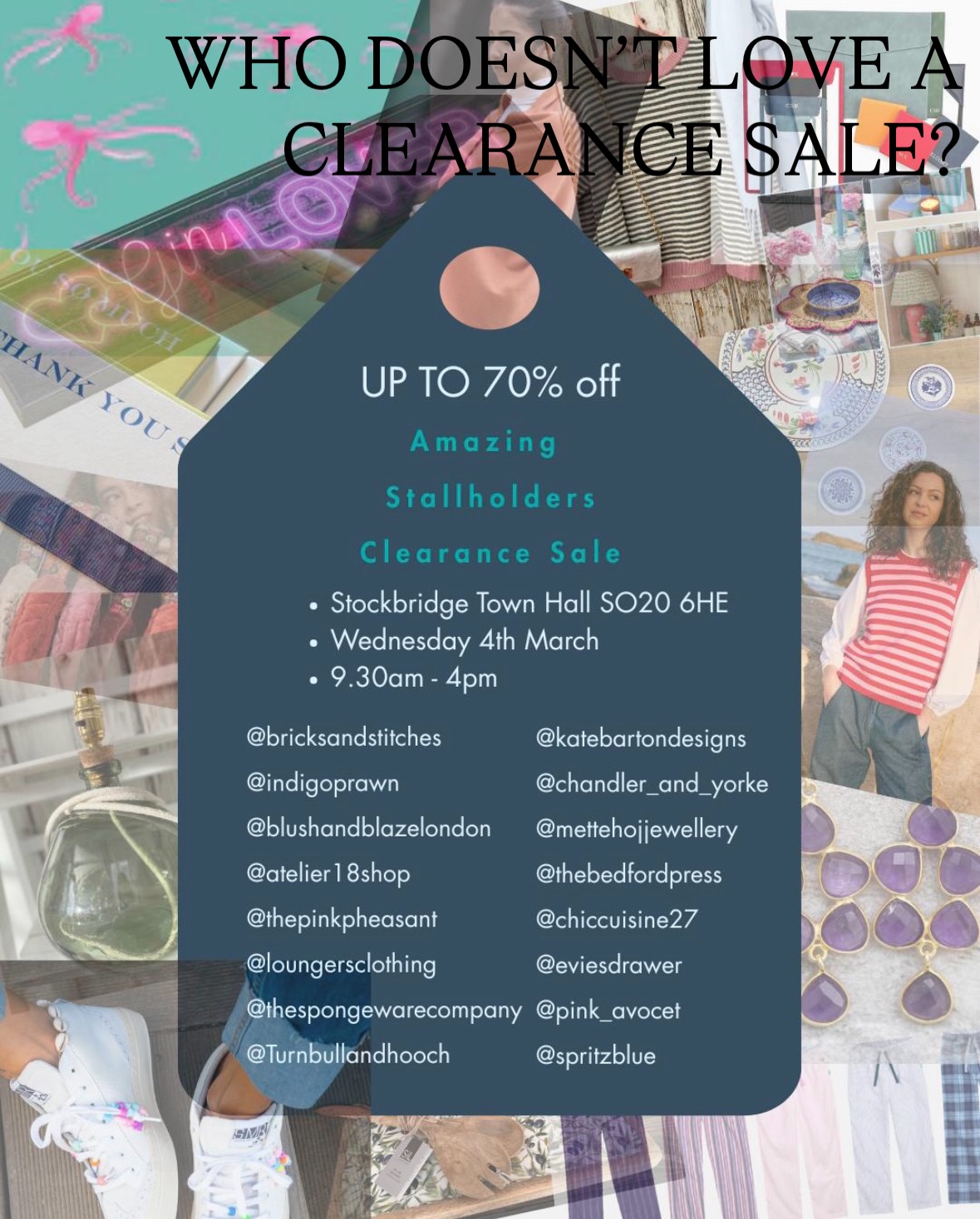 Who doesn’t love a clearance sale?
On Wednesday 4th March, I’ll be at Stockbridge Town Hall, SO20 6HE, from 9.30 to 4.00, with a whole host of fabulous independent brands. Each one of us is offering some very tempting discounts and hope to see you there.
I’ll be offering up to 50% off on many of my ranges.
If you can’t make it, DM me for an online code for a similar discount, that I’ll be running from 4th-6th on my website.
Claire x