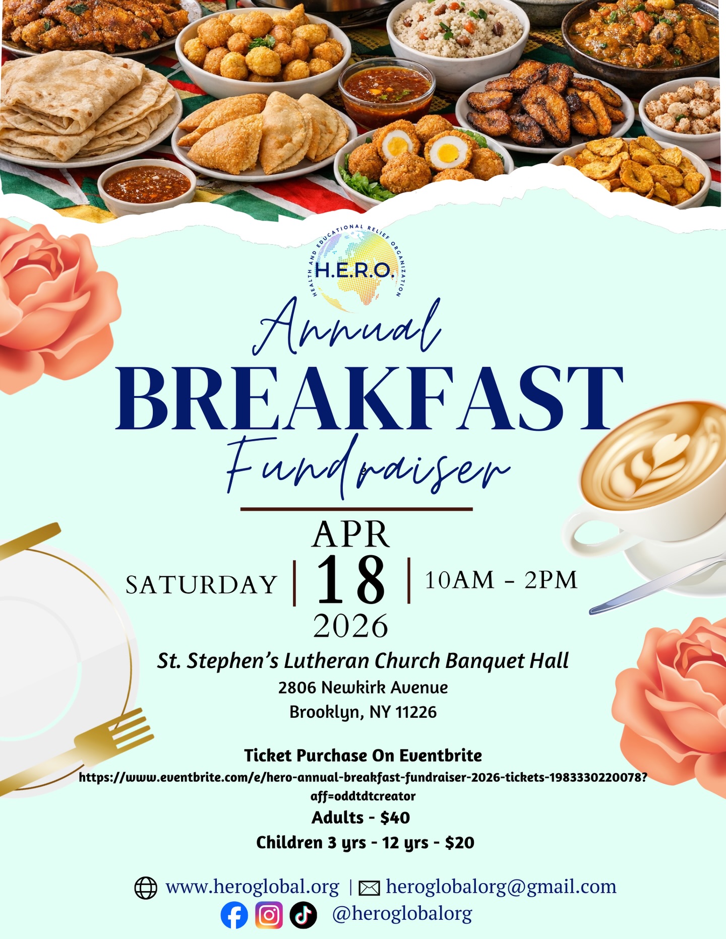Join us for H.E.R.O.’s Annual Breakfast Fundraiser! 🥐💛
Enjoy great food and support our mission to provide free, high-quality health care and educational support to communities in need.
📅 April 18, 2026
🕙 10:00 AM – 2:00 PM
📍 St. Stephen’s Lutheran Church Banquet Hall, 2806 Newkirk Avenue, Brooklyn, NY 11226
🎟️ Get your tickets:
https://www.eventbrite.com/e/1983330220078?aff=oddtdtcreator
#HEROCares #HEROFundraiser #CommunityImpact #SupportEducation #SupportHealth NonprofitLife BrooklynEvents