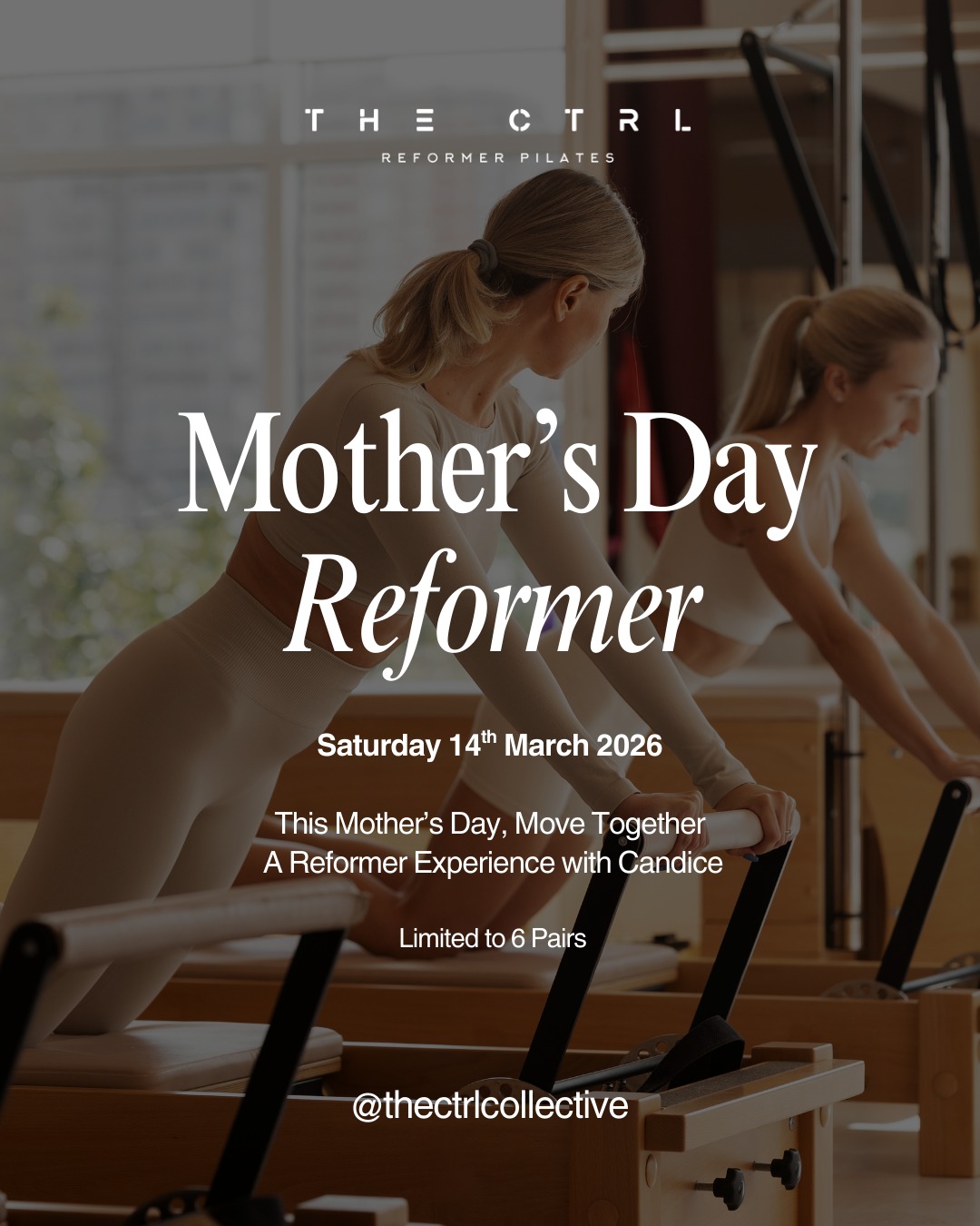 This Mother’s Day, share something meaningful.
Join us for a thoughtfully designed 75-minute experience featuring a one-hour reformer session led by Candice, followed by light refreshments and a keepsake photo to take home.
The class is beginner-friendly and suitable for all levels.
Saturday 14 March at 1pm
Limited to 6 pairs
£55 per pair for members
£65 per pair for non-members
Booking now live in the CTRL app 🤍