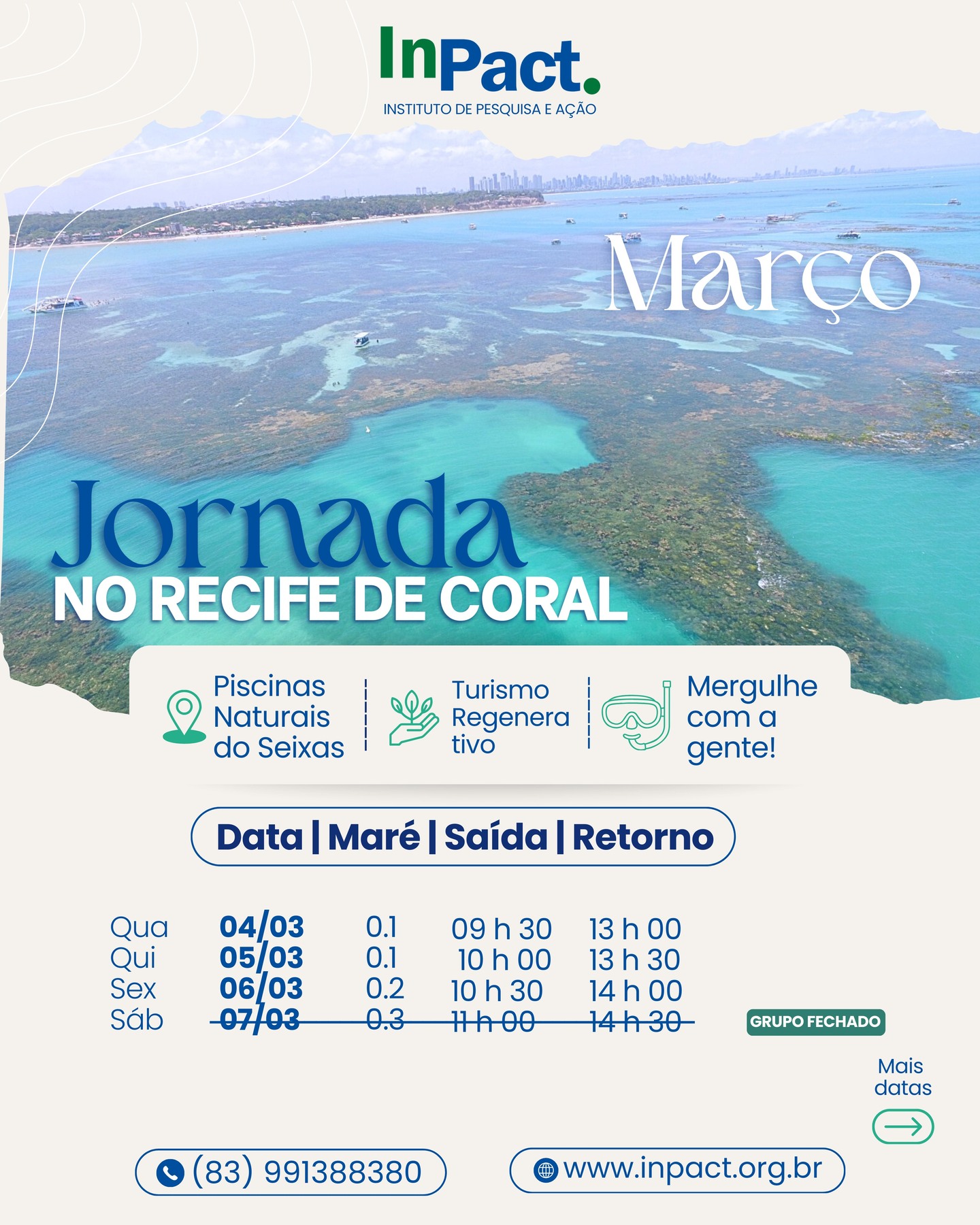 ✨ Agenda de Março está ABERTA! ✨
Já pensou em viver uma experiência única de conexão com a natureza? 🌎💙
A Jornada nos recifes de Coral é um passeio educativo e encantador, onde você conhece de perto os corais, a vida marinha e a importância da conservação dos nossos oceanos.
📅 Confira as datas disponíveis
📲 Faça sua reserva pelos nossos canais de atendimento:
📱WhatsApp: (83) 99138-8380
✉️Direct message
🌐 Saiba mais em: www.inpact.org.br
📍Local de embarque: Rua dos Pescadores, 501. Ponta do Seixas, João Pessoa - PB.
Vagas limitadas! Garanta já a sua e venha viver essa experiência transformadora 🌊✨
#JornadaNorecifedeCoral #RecifeDeCorais #TurismoSustentável #EducaçãoAmbiental #ExperiênciaInPACT