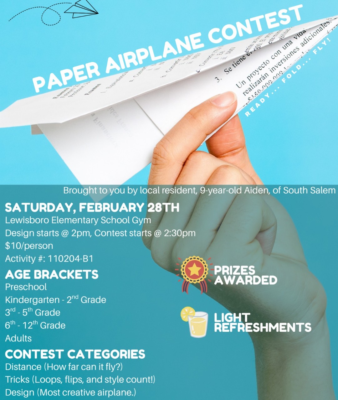 Join us (& Aiden) THIS Saturday, 2/28 at LES for a Paper Airplane Contest! Details above.
