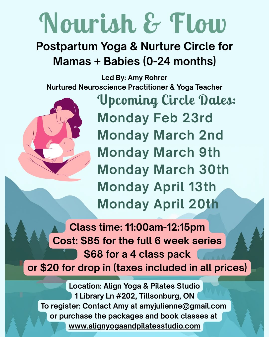 🌀Rest • Connect • Nourish • Flow🌀
Hey mama! 👋🏼 in case you missed it… Nourish & Flow begins next week — a gentle postpartum yoga + nurture circle for mamas and their little ones (ideal for 4wk olds-24 months 👶🏻)
This is more than a yoga class.
It’s a soft place to land.
A space where you can:
✨ Move gently in a postpartum-supportive way
✨ Regulate and nourish your nervous system
✨ Learn about infant & parent brain development
✨ Connect with other mamas in the same season
✨ Come exactly as you are — feeding, rocking, resting, tending welcomed
Over our time together we’ll explore themes like:
• Emotions & Needs
• Infant & Parent Brain Development
• Nurturing Infant Stress
• Optimizing Infant Sleep
• Ambivalence in Parenthood
• Trusting Your Intuition & Interoception
• Self-Compassion & Awe
🗓 Mondays | 11:00am–12:15pm
Feb 23, March 2, 9, 30, April 13, 20
📍 Align Yoga & Pilates Studio – Tillsonburg
💛 $85 full series | $68 (4-class pass) | $20 drop-in
Spots are intentionally limited to keep our circle intimate and supportive.
If your heart feels a little yes, I would love to welcome you. DM me to register or email amyjulienne@gmail.com 💙
You can also book through the studio website.
Tag a mama who might love this 💛
#PostpartumSupport #MomAndBabyCircle #NervousSystemSupport #Tillsonburg #MotherhoodCircle