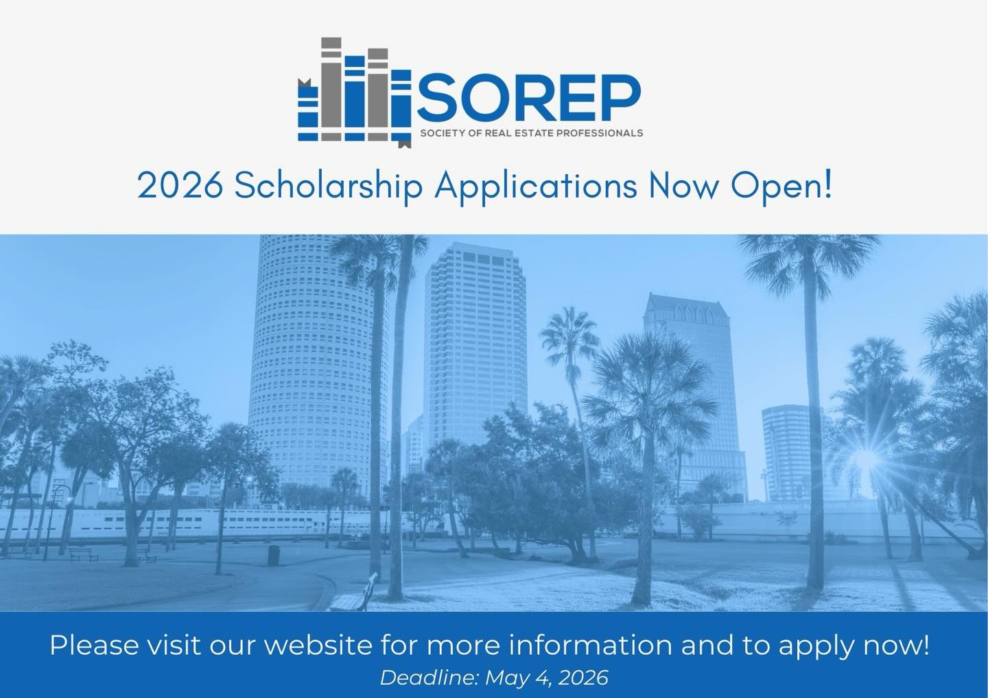 The USF Real Estate Society is proud to share that the Society of Real Estate Professionals 2026 Scholarship Application is now open. This scholarship is a major initiative that supports the next generation of commercial real estate leaders in the Tampa Bay area.
Since 2018, SOREP has awarded over 265,000 dollars in scholarships and awards to help students achieve professional success.
This is a great opportunity for students who are enrolled for the Fall 2026 semester and are pursuing a career in commercial real estate within the Tampa Bay market.
If you are a student with relevant experience or coursework, we encourage you to apply. Please share this opportunity with anyone who may be interested in this program. The deadline to apply is May 4, 2026. Go bulls!
📍 Apply with the link in our Linktree in our bio
🗓 Applications are open now
#realestate #commercialrealestate #usf
#realestatesociety #resusf