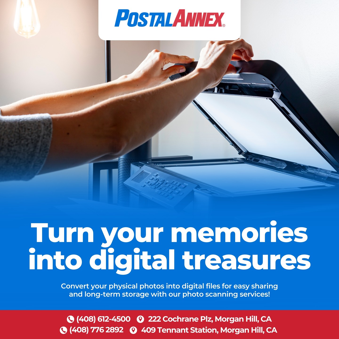 Preserve your precious moments for a lifetime! 📸✨
With PostalAnnex's photo scanning services, you can easily convert your physical photos into digital files—perfect for sharing and long-term storage.
Let us help keep your memories alive! 💾
📍 222 Cochrane Plz, Morgan Hill, CA
📍 409 Tennant Station, Morgan Hill, CA
#PhotoScanning #DigitalMemories #PostalAnnex