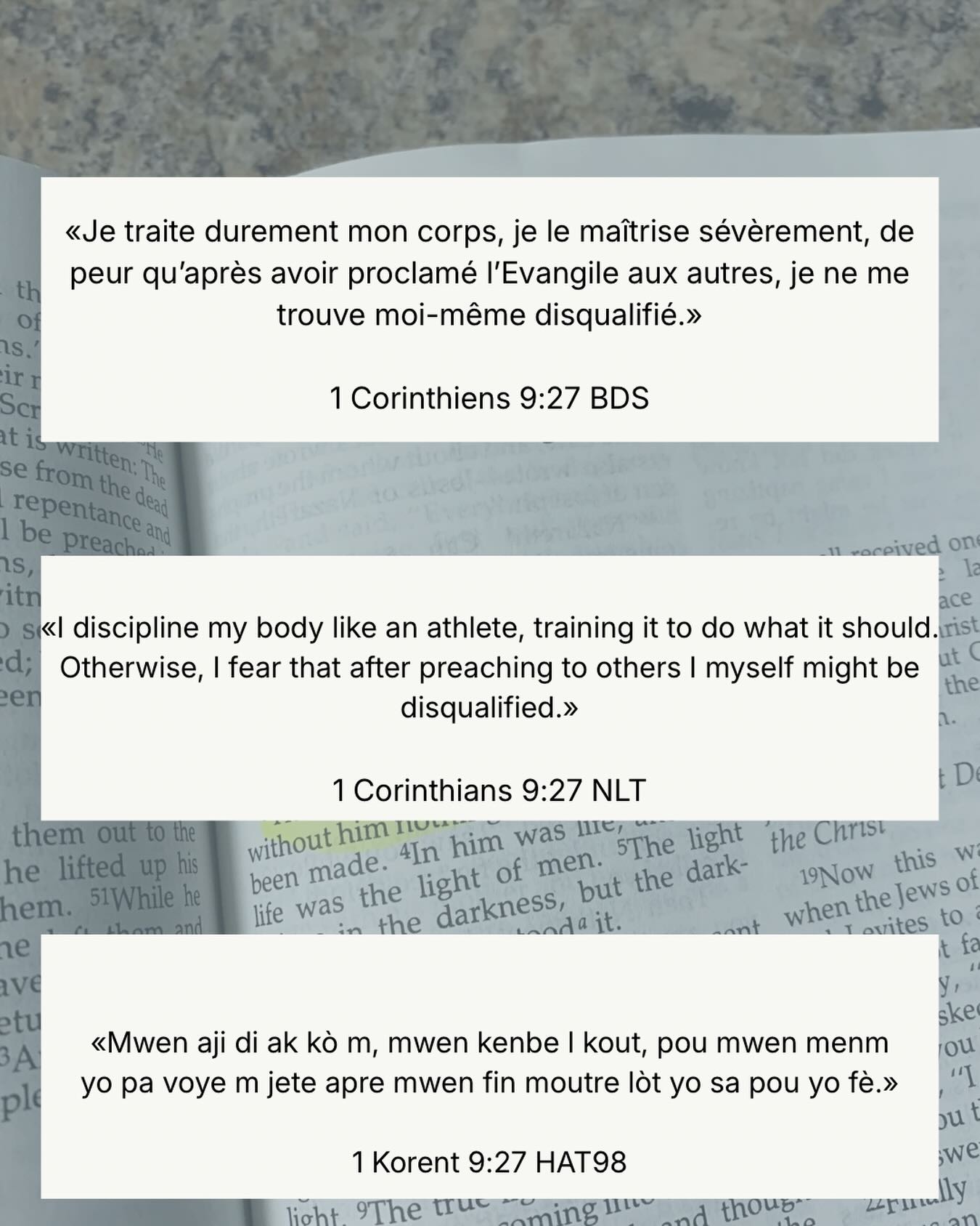 «Mais je traite durement mon corps et je le tiens assujetti, de peur dâĂȘtre moi-mĂȘme rejetĂ©, aprĂšs avoir prĂȘchĂ© aux autres.»
ââ1 Corinthiens⏠â9âŹ:â27⏠âLSG