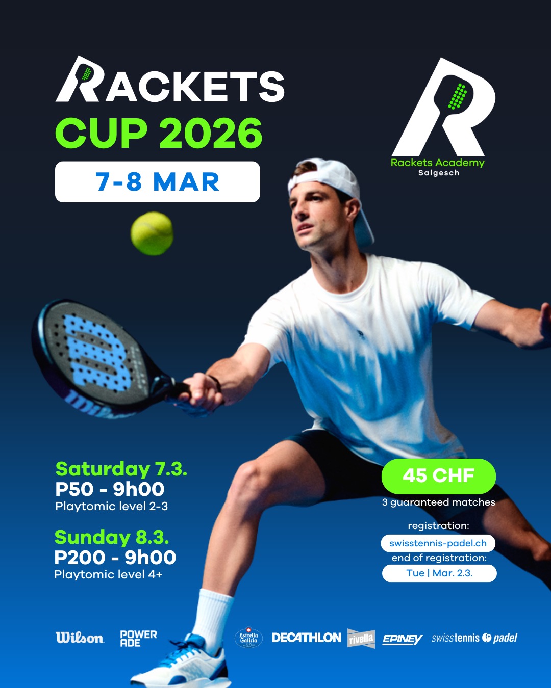 La saison des tournois est lancée! Les 7 et 8 mars, nous jouons les catégories P50 (niveau Playtomic 2-3) et P200 (niveau Playtomic 4+). Les deux tournois commencent à 9h00 du matin, respectivement le samedi et le dimanche. Améliorez votre jeu en affrontant de nouveaux joueurs, inscrivez-vous sur swisstennis-padel.
P50 (niveau Playtomic 2-3) : https://swisstennis-padel.tournamentsoftware.com/tournament/EFA94AF3-3700-47C0-B0A0-20FC76EAA180
P200 (playtomic 4+) : https://swisstennis-padel.tournamentsoftware.com/tournament/0577BA46-CF1E-46AA-946D-B7F75CEF4AF8
Si vous n'avez pas encore de licence, vous pouvez déjà l'acheter jusqu'en mars 2027 (ne vous laissez pas dérouter par le site web). Voici le lien pour la licence : https://swisstennis-padel.tournamentsoftware.com/memberships
🎾🎾🎾
Racketeros & Racketeras,
Die Turniersaison ist in vollem Gange! Am 7. und 8. März spielen wir die Kategorien P50 (Playtomic Level 2-3) und P200 (Playtomic Level 4+). Beide Turniere beginnen um 9:00 Uhr morgens, jeweils am Samstag und Sonntag. Verbesser dein Spiel, indem du gegen neue Spieler antrittst. Jetzt anmelden auf swisstennis-padel an.
P50 (Playtomic Level 2-3): https://swisstennis-padel.tournamentsoftware.com/tournament/EFA94AF3-3700-47C0-B0A0-20FC76EAA180
P200 (Playtomic Level 4+): https://swisstennis-padel.tournamentsoftware.com/tournament/0577BA46-CF1E-46AA-946D-B7F75CEF4AF8
Wenn du noch keine Lizenz hast, kannst du sie jetzt bis März 2027 kaufen (lass dich nicht von der Website verwirren, dort steht noch 2026). Hier ist der Link für die Lizenz: https://swisstennis-padel.tournamentsoftware.com/memberships