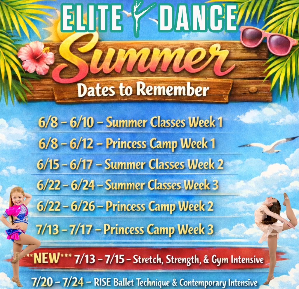 ☀️ Summer Dates to Remember! ☀️
Save these dates & plan your ELITE
Summer 💃✨
Classes, camps & intensives you won’t want to miss!
Spots fill fast—register early! 🌈
#PrettyPrincessCamp #ComeDanceWithUs #WeAreElite #EliteDance #Contemporary tumbling Strength Mobility summer dance summerdance savethedates