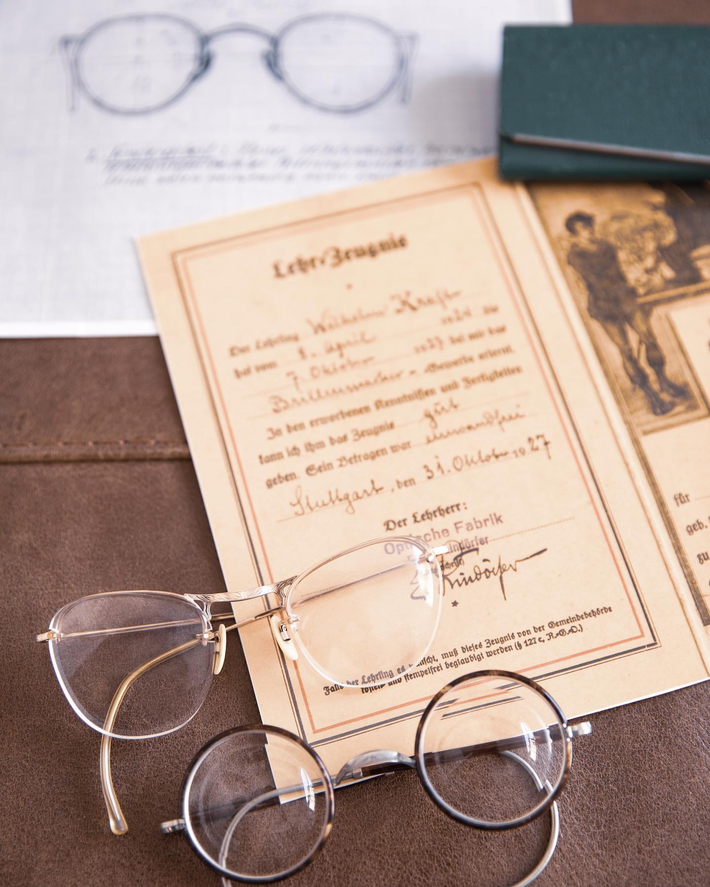 That’s our heritage! A look into the past. In the background you can sneak some original sketches of the “Dartmoor”, dated 1927 - and still a key piece in the collection. #heritage #pioneerineyewear #postmodern