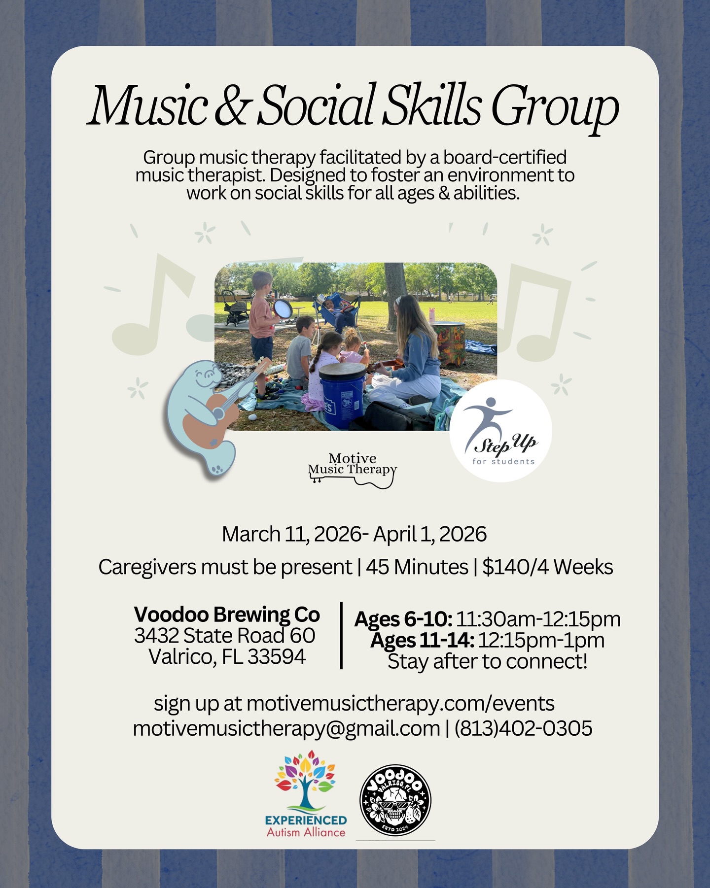 Music & Social Skills Group @voodoovalrico with @motivemusictherapy & @autismalliancefl
We start on March 11! We have 2 groups one is 6-10 & the other 11-14!
When: 11:30am-12:15 & 12:15-1pm!
Who: Ages 6-10 & 11-14 🩷
Why: to support social skills learning with a board certified music therapist
Where: Voodoo Brewing 3432 SR-60
Valrico, FL 33594
United States
Sign up online at motivemusictherapy.com/events
Or on Step Up for Students! $140/4 weeks!
#socialskills #musictherapy #musictherapist #music