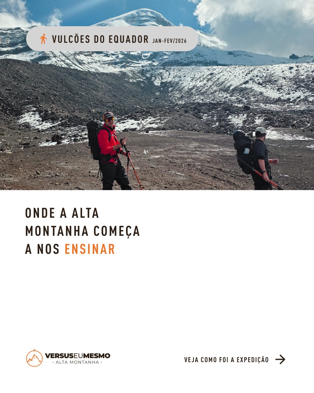Toda jornada começa com um primeiro passo.
No começo do mês, no Equador, encontramos um cenário perfeito para isso: montanhas que ensinam sem exigir pressa, trilhas que convidam ao respeito pelo ritmo e pelo processo.
Cruzamos glaciares e superamos altitudes, mas a maior conquista foi ver cada integrante do grupo entender que o processo é tão valioso quanto o cume.
Para muitas pessoas, o Equador é a porta de entrada para a alta montanha porque acolhe, desafia e prepara para as próximas montanhas. Já para os mais experientes, o país oferece a oportunidade de subir diferentes montanhas e aprimorar a técnica pessoal.
Voltamos com histórias, aprendizados e a certeza de que o caminho importa tanto quanto o destino. E seguimos juntos, passo a passo.