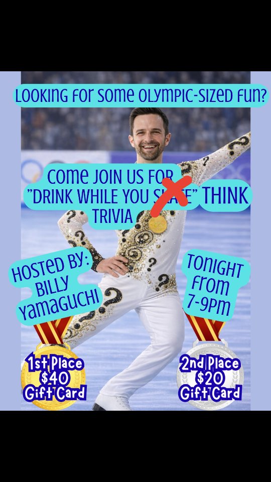 While the Olympics may be over, Billy Yamaguchi is just getting started! Skate your way to Gnats tonight from 7-9pm for trivia with @irie_1_trivia_show! We won't give you medals, but we will give you food and drinks so it is basically the same. #ssi #gnatslandingssi #goldenislesgeorgia