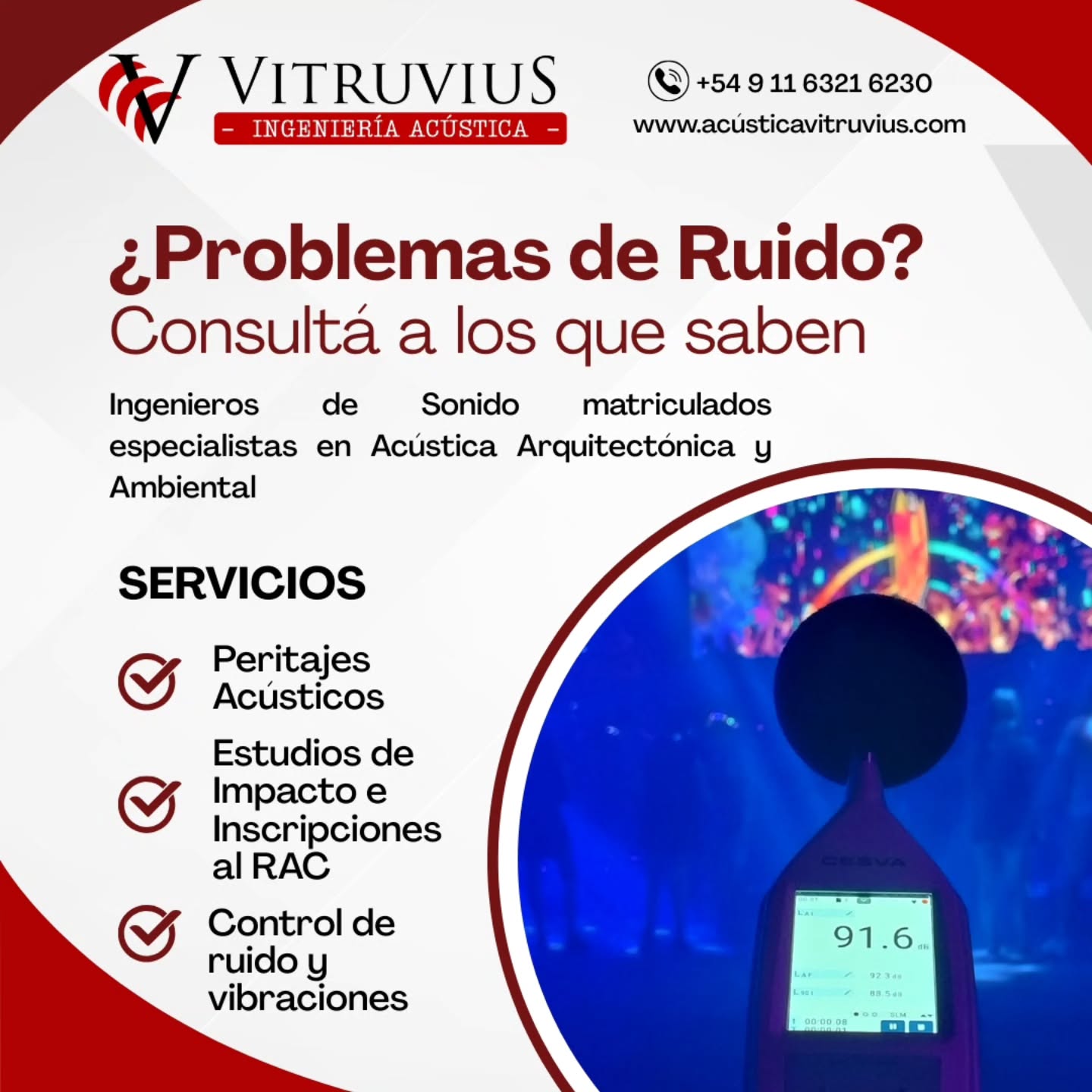 ¿PROBLEMAS DE RUIDO? CONSULTÁ CON LOS QUE SABEN. 🔊⚖️
El ruido no es solo una molestia.
Es estrés. Es insomnio. Es falta de concentración. Es discusiones entre vecinos. Es pérdida de calidad de vida.
Cuando el sonido invade tu casa o tu trabajo, deja de ser “normal” y se convierte en un problema real.
En Vitruvius Ingeniería Acústica (www.acusticavitruvius.com) trabajamos para transformar el conflicto en soluciones técnicas concretas y legalmente respaldadas.
✔️ Peritajes acústicos para conflictos judiciales y extrajudiciales
✔️ Estudios de Impacto Acústico para habilitaciones comerciales e industriales
✔️ Inscripciones en el RAC (Registro de Actividades Catalogadas)
✔️ Mediciones de ruido ambiental y laboral
✔️ Control de ruido y vibraciones (equipos, ascensores, grupos electrógenos, HVAC, industrias)
✔️ Diseño de soluciones de mitigación acústica
Medimos con instrumental calibrado, analizamos según normativa vigente y elaboramos informes técnicos sólidos.
Porque cuando hay ruido, lo que está en juego no es solo un número en decibeles.
Está en juego tu descanso, tu salud y tu tranquilidad.
📩 Si estás atravesando un conflicto por ruidos molestos o necesitás cumplir con la legislación vigente para habilitar tu actividad, escribinos.
Estamos en CABA y en Mar del Plata. Trabajamos en todo el país.
🔎 Más información en: www.acusticavitruvius.com
#Ruido #ContaminacionAcustica #PeritajeAcustico #RuidosMolestos #ᴍᴀʀᴅᴇʟᴘʟᴀᴛᴀ