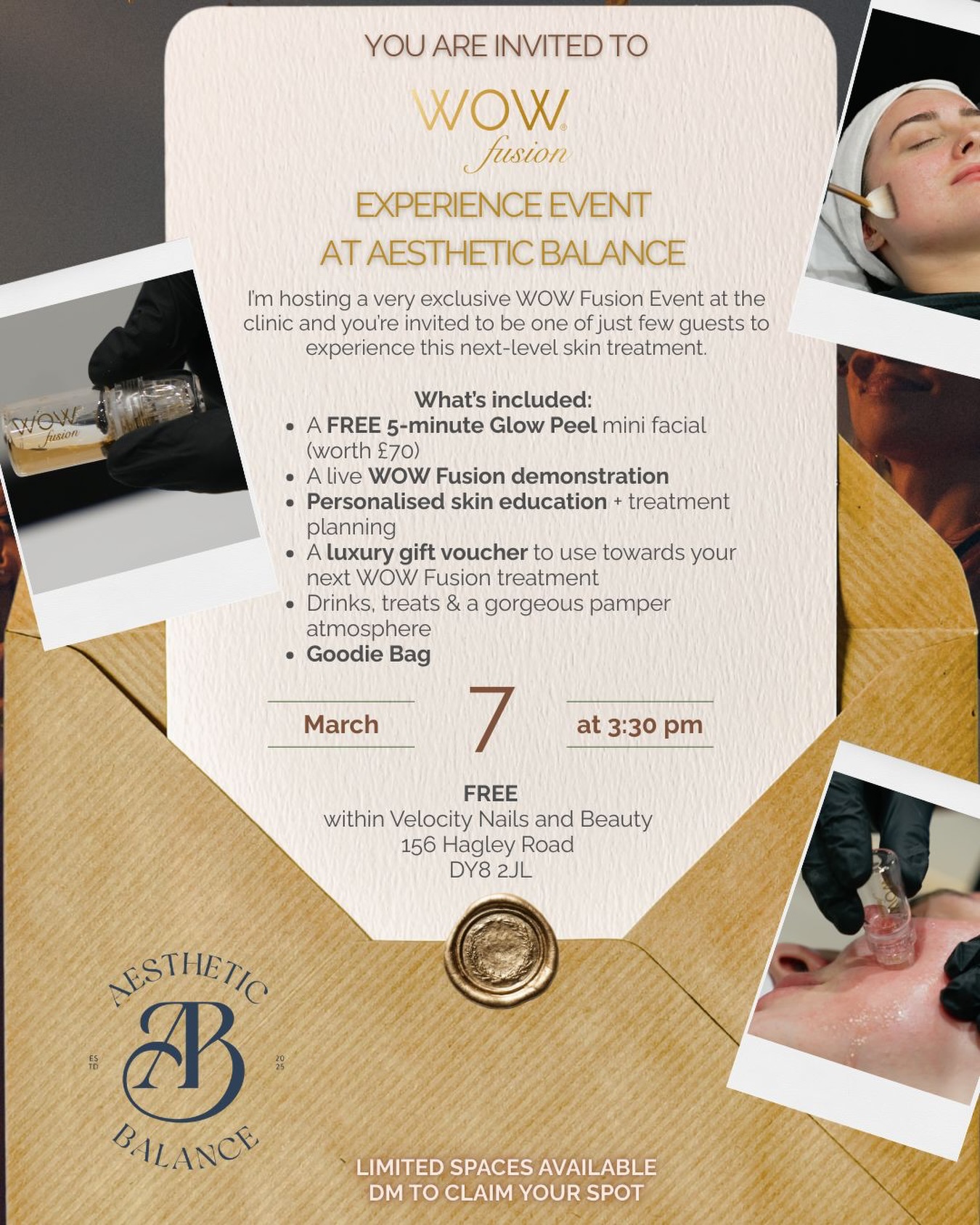 ✨ WANT TO EXPERIENCE THE MAGIC OF WOW?®️ ✨
Aesthetic Balance is hosting an exclusive WOW Fusion®️ Event and spaces are very limited.
What is WOW Fusion®️?
A multi award-winning advanced treatment, that combines precision micro-needling with bespoke skin-boosting serums to leave your skin healthier, brighter, smoother, firmer and deeply hydrated.
We will have very special VIP guest Claire Williams. The CEO and founder of WOW facial. Learn directly from her about why she created WOW facial which has turned into a multi award winning brand.
Expect:
• Visible glow & radiance
• Boosted collagen & skin firmness
• Improved texture & refined pores
• Deep, lasting hydration
On the day you’ll enjoy:
• A FREE 5-minute Glow Peel (worth £70)
• Live WOW Fusion®️ demonstration
• Personalised skin advice
• Luxury voucher towards your next treatment
• Drinks, treats & a gorgeous pamper atmosphere
• Exclusive goodie bag
This is an intimate, VIP-style event with strictly limited availability. But best of all, you can get all this for FREE if you claim your space now!
DM us now to secure your place. ONLY A FEW PLACES REMAINING
TAKING PLACE @velocitynailsandbeauty
Your glow-up starts here. 💫