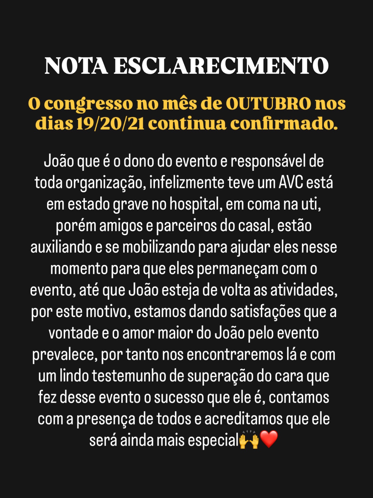 O congresso é parte da nossa família e com isso, temos certeza absoluta que João não gostaria que cancelássemos o evento de 2026, mesmo porque temos fé, que ele estará lá contando um lindo testemunho de superação e que venceu com a ajuda de Deus essa batalha pela vida.
Contamos com todos vcs 🙌
Obrigada aos amigos que encabeçará essa com a gente
@alisongarciamucio
@thalitavalenteoficial
@fabricioguilherme
@danielavalente