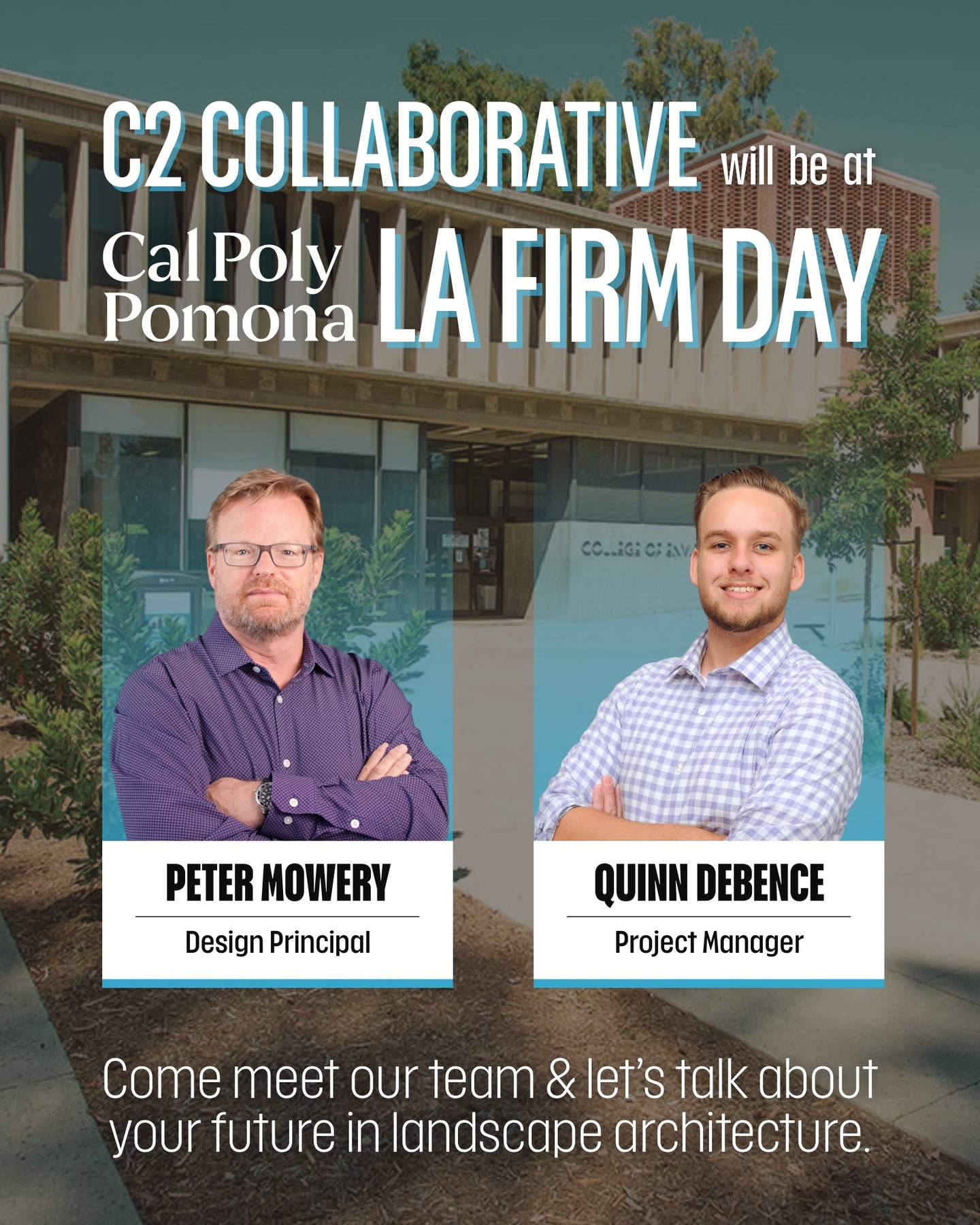 C2 Collaborative is heading to Cal Poly Pomona tomorrow for LA Firm Day!
CPP alumni Peter Mowery and Quinn DeBence will be on campus connecting with students, sharing insight into the profession, and talking about opportunities to grow in landscape architecture and the built environment.
We’re looking forward to meeting the next generation of designers and future industry leaders🌱
.
.
.
#C2Collaborative #CalPolyPomona #LAFirmDay #LandscapeArchitecture #LandArch #LandscapeDesign #DesignCareers #BuiltEnvironment