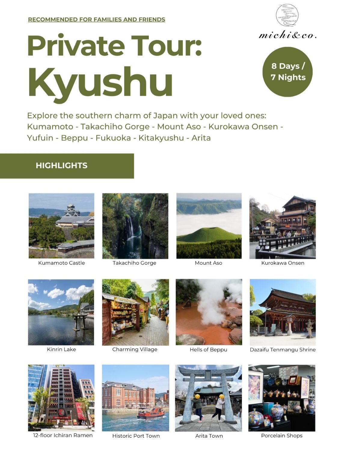 Kyushu — An Elegant 8-Day Private Journey Through Japan’s Southern Retreats
Kumamoto • Takachiho Gorge • Mt. Aso • Kurokawa Onsen • Yufuin • Beppu • Fukuoka • Kitakyushu • Arita
Discover Kyushu’s understated beauty on a journey designed for travellers who value serenity, comfort, and cultural depth. From the grandeur of Kumamoto Castle to the dramatic landscapes of Takachiho Gorge and Mt. Aso, unwind in the timeless atmosphere of Kurokawa Onsen, stroll the charm of Yufuin, and explore the iconic Hells of Beppu—before ending in stylish Fukuoka with thoughtful day trips to Kitakyushu and Arita’s porcelain town.
Choose from Classic / Upscale / Elite packages featuring premium hotels and ryokan stays with kaiseki dining, seamless transfers, and optional private touring.
8D7N | From SGD 2,200 per guest (min. 4 guests) | Spring 2026
For enquiries and availability, contact us via WhatsApp.
#MichiAndCo #MichiAndCoTravel #LuxuryTravelJapan #Kyushu #PrivateJourneys JapanInStyle Kumamoto TakachihoGorge MtAso KurokawaOnsen Yufuin Beppu Fukuoka Arita JapanTravel