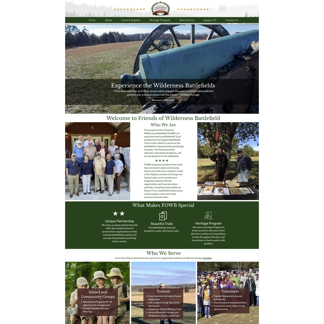 I’m am honored to introduce one of my incredible clients, Friends of Wilderness Battlefield (FOWB) — a nonprofit organization dedicated to preserving and protecting the historic Wilderness Battlefield that spans parts of Fredericksburg and Orange County, Virginia, and is one of the most significant Civil War sites in the region.
The Friends of Wilderness Battlefield works tirelessly to safeguard this historic ground, ensuring that future generations can learn from and reflect on the history that shaped our nation.
As someone who truly loves working with historical preservation nonprofits, projects like this are especially meaningful to me. These organizations don’t just need beautiful websites — they need strategic nonprofit marketing tools that support fundraising, memberships, event promotion, volunteer engagement, and donor communication. Helping preservation groups tell their story online while equipping them with the digital tools they need to grow and sustain their mission is work I’m deeply passionate about.
Take a moment to learn more about their important work, take a tour and support historic preservation:
https://www.fowb.org/
#HistoricPreservation #friendsofwildernessbattlefield #civilwarhistory #PetiteTaway