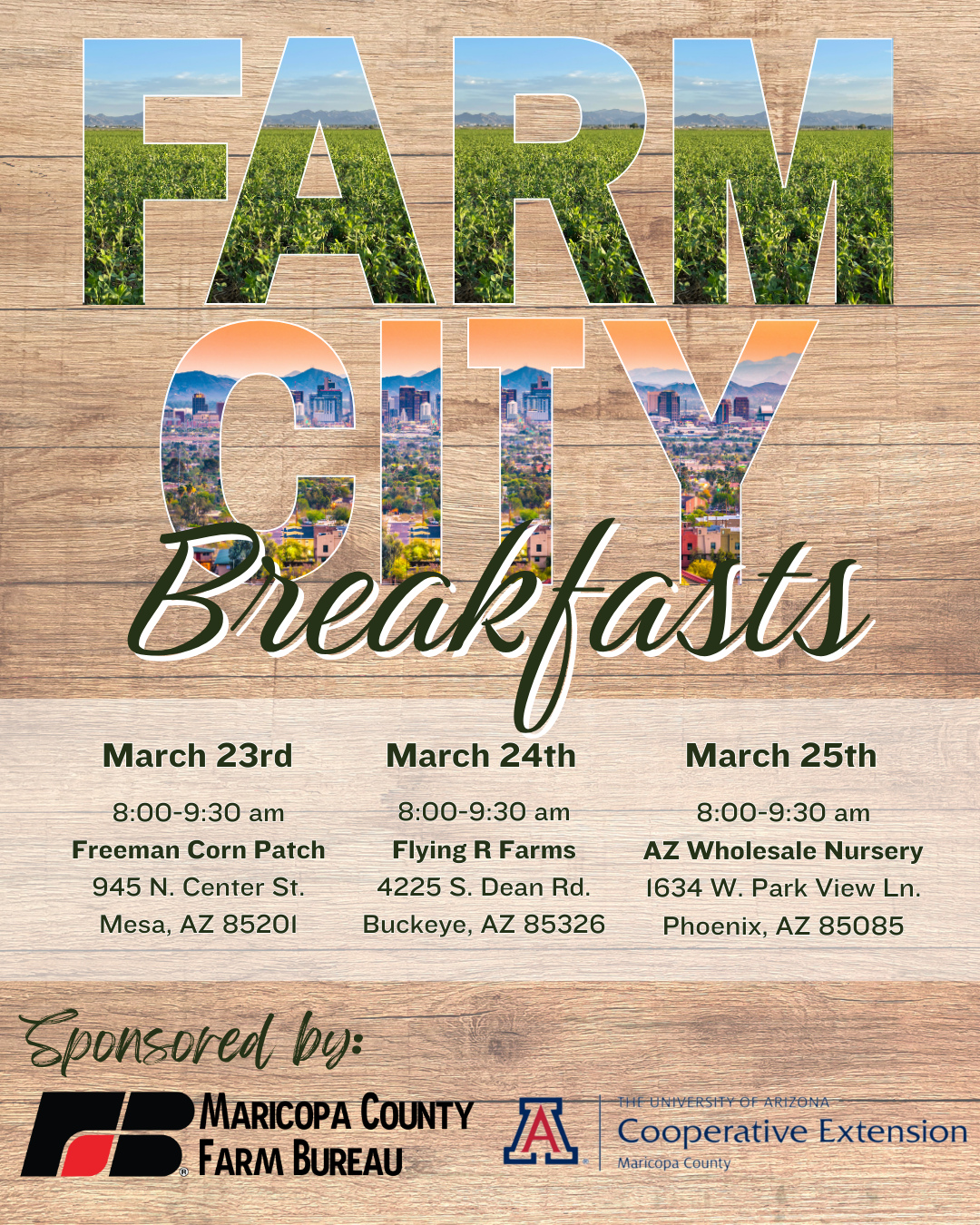 It's back!
MCFB Annual Farm City Breakfasts are back and these events just keep getting better and better!
We are excited to host our agriculturalists, community members, and elected officials for breakfast to chat about priority issues and foster collaboration. This provides an opportunity to hear from local officials including Sheriff Jerry Sheridan, Arizona Director of Agriculture Paul Brierley, Supervisor Galvin, Mayor Freeman, and more!
For more information and to RSVP to whichever date works for you, visit our website at the 🔗 in bio
#grassroots #advocacy #arizonaagriculture