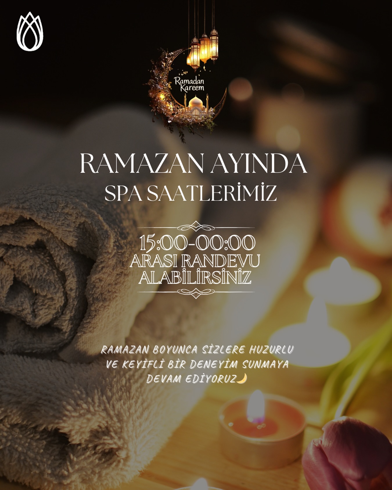 🌙✨ Ramazan Ayında Spa Saatlerimiz ✨🌙
Ramazan boyunca sizlere huzurlu ve keyifli bir deneyim sunmaya devam ediyoruz 💆♀️🌿
🕒 Randevu alımı 15.00’te başlıyor
🌙 Son randevu saatimiz 00.00
Kendinize iyi bakmayı ihmal etmeyin, Ramazan’ın huzurunu birlikte yaşayalım 🤍
Randevu için bizimle iletişime geçebilirsiniz.