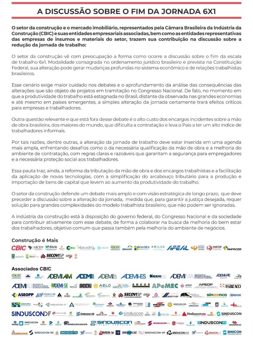 O Sinduscon Anápolis é uma das entidades que reforça o posicionamento da CBIC em relação às discussões sobre o fim da jornada 6x1.
Reconhecemos a relevância dos debates acerca das relações trabalhistas, mas ressaltamos que eventuais mudanças necessitam de análises mais aprofundadas, considerando os evidentes impactos para o ecossistema da indústria da construção.