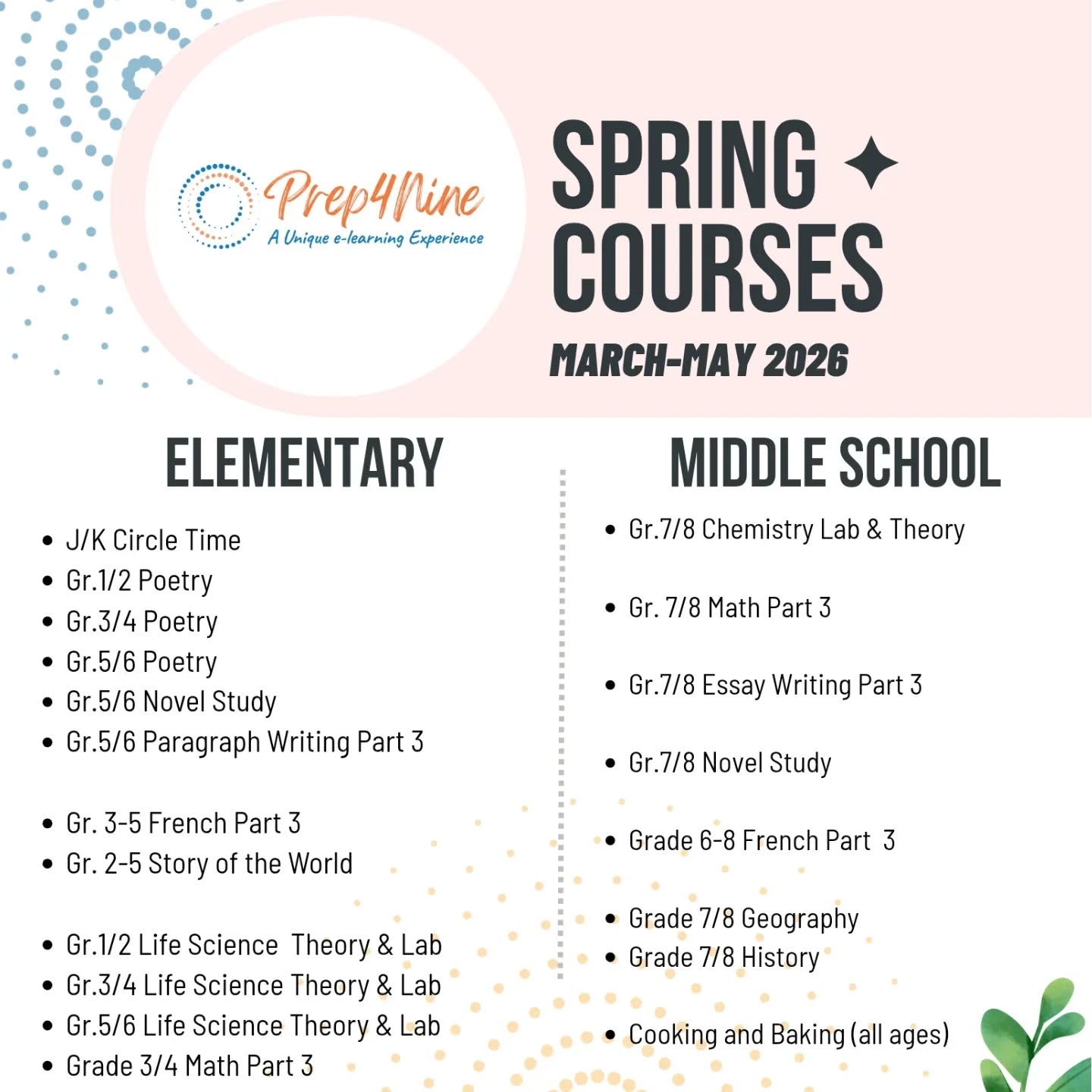 Spring is almost here… and so is a new semester at Prep4Nine!
📢 Registration opens March 2nd at 9:00 am EST for our Spring Semester!
Spots are limited and classes fill quickly
www.prep4nine.ca
info@prep4nine.ca
We offer:
- Small group learning from KG to Grade 8
- Structured, supportive environment with live lessons, recordings, printouts, homework and teacher feedback
- Choose from Math, Science, Language Arts ( Poetry, Novel Study, Paragraph Writing and Essay Writing), History, Geography & French
Mark your calendar and get ready! 🌼
#onlineclasses
#elementaryschool
#middleschool
#virtuallearning