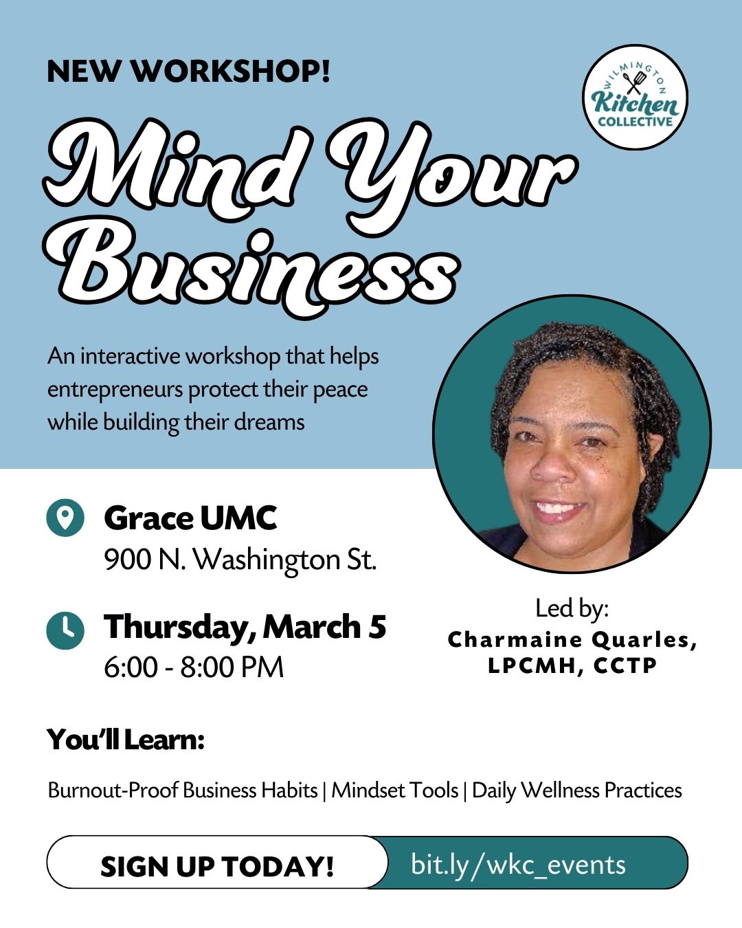 ❗Coming soon❗
Please join WKC and Charmaine Quarles, LPCMH, NCC on Thursday, March 5th for "Mind Your Business," an interactive workshop that helps entrepreneurs protect their peace while building their dreams.
You'll learn:
✅ Burnout-Proof Business Habits
✅ Mindset Tools
✅ Daily Wellness Practices that Fuel Creativity, Confidence, and Success
Register today via the link in our bio.
#WilmingtonDE #WilmingtonEvents #MentalHealth #MentalWellbeing #Entrepreneurship