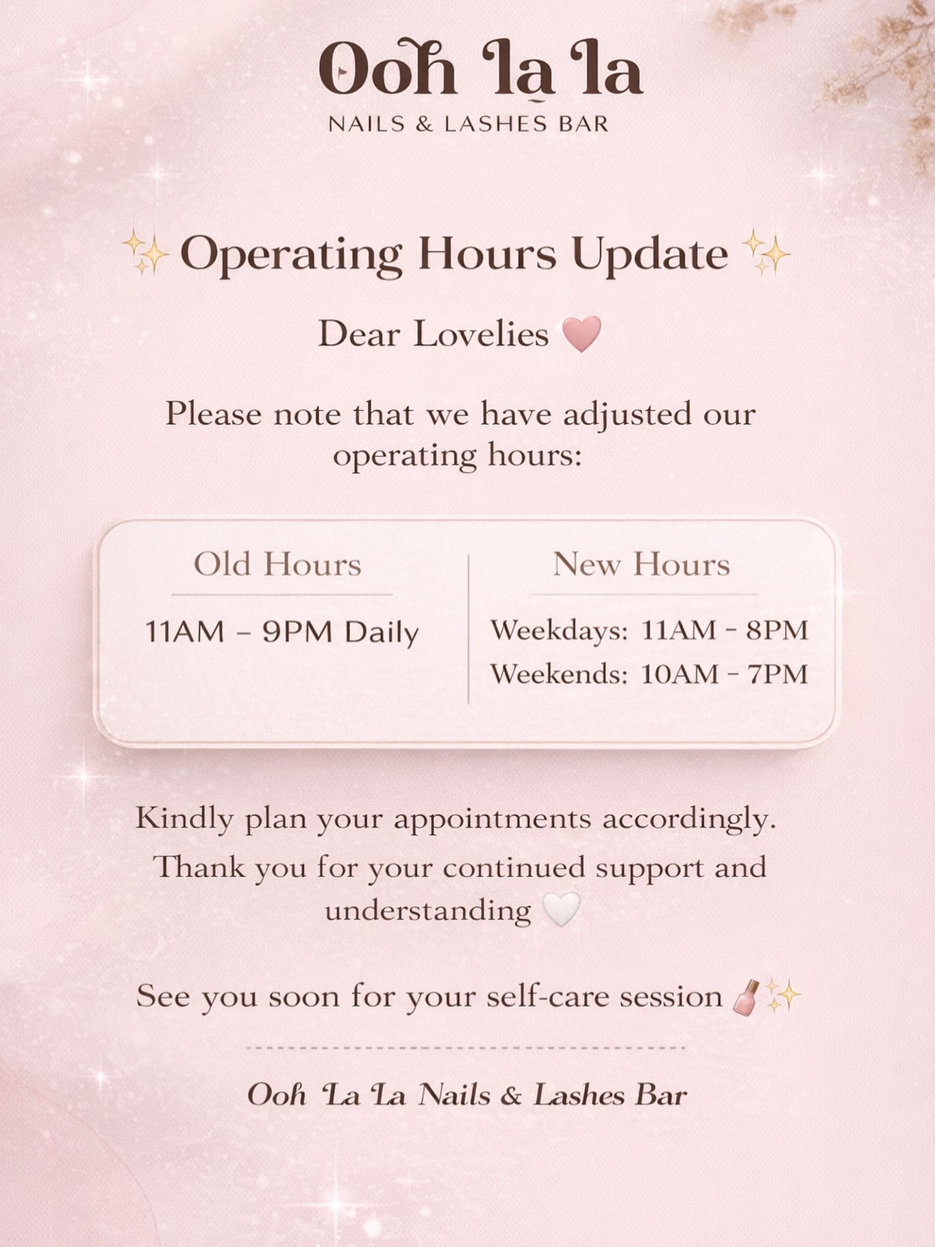 Dear lovelies, do take note of the latest change in operating hours.
Appointments outside operating hours are available upon request and subject to availability. ❤️
☎️ 8071 2924