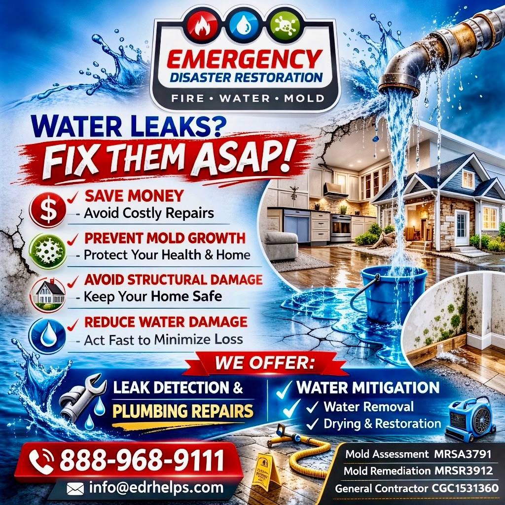 🚨 WATER LEAKS? FIX THEM ASAP! 🚨
A small leak can turn into major damage fast — mold growth, structural issues, and costly repairs. Acting early protects your property and your wallet.
At Emergency Disaster Restoration Inc., we handle it all:
✔️ Leak Detection
✔️ Plumbing Repairs
✔️ Water Mitigation
✔️ Drying & Restoration
If you see water where it doesn’t belong, don’t wait. 📞
📲 Call: 888-968-9111
📧 Email: info@edrhelps.com
Mold Assessment MRSA3791
Mold Remediation MRSR3912
General Contractor CGC1531360
⸻
#SouthFloridaHomes
#MiamiHomeowners
#WaterDamageFL
#PropertyProtectionFL
#MoldPreventionFL