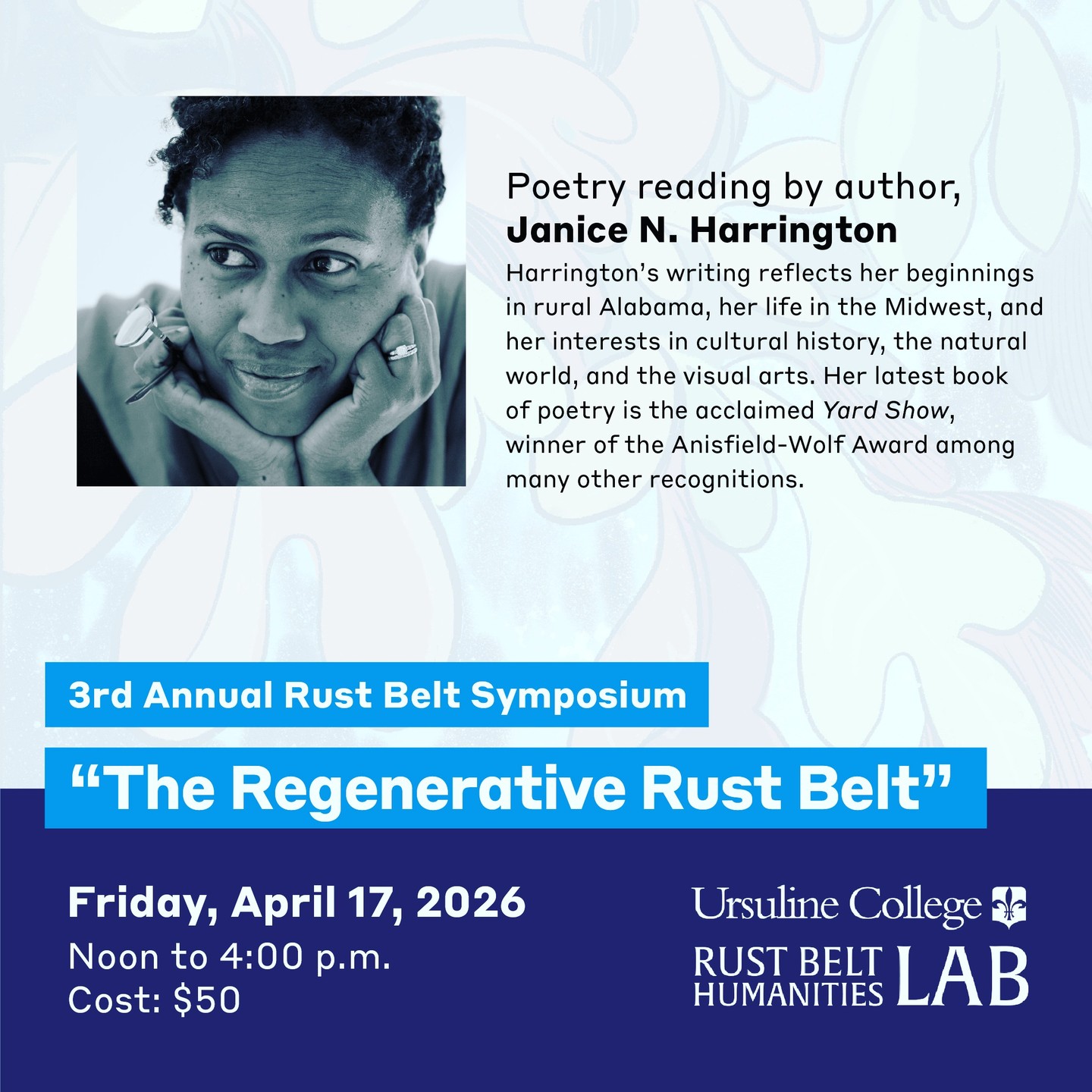 @anisfieldwolf award-winning poet, Janice N. Harrington, will join us for our 2026 Rust Belt Symposium @ursulinecollege this April. Her work explores her connection to Midwest landscapes and the natural world and pushes us think through the role of language in shaping and challenging our understanding of place and belonging. She'll be introduced by @iamkortney of the #AWBA.
🌾🌾🌾🌾🌾🌾🌾🌾🌾🌾🌾🌾🌾🌾🌾🌾🌾🌾🌾
We couldn't be more excited to announce the lineup for our 2026 Rust Belt Symposium which will be held @ursulinecollege on April 17th from 12-4 p.m. To view the full program, visit www.rustbeltlab.org. Registration includes lunch and workshop fees. Link to register here: https://secure.acceptiva.com/?cst=6DKzh4