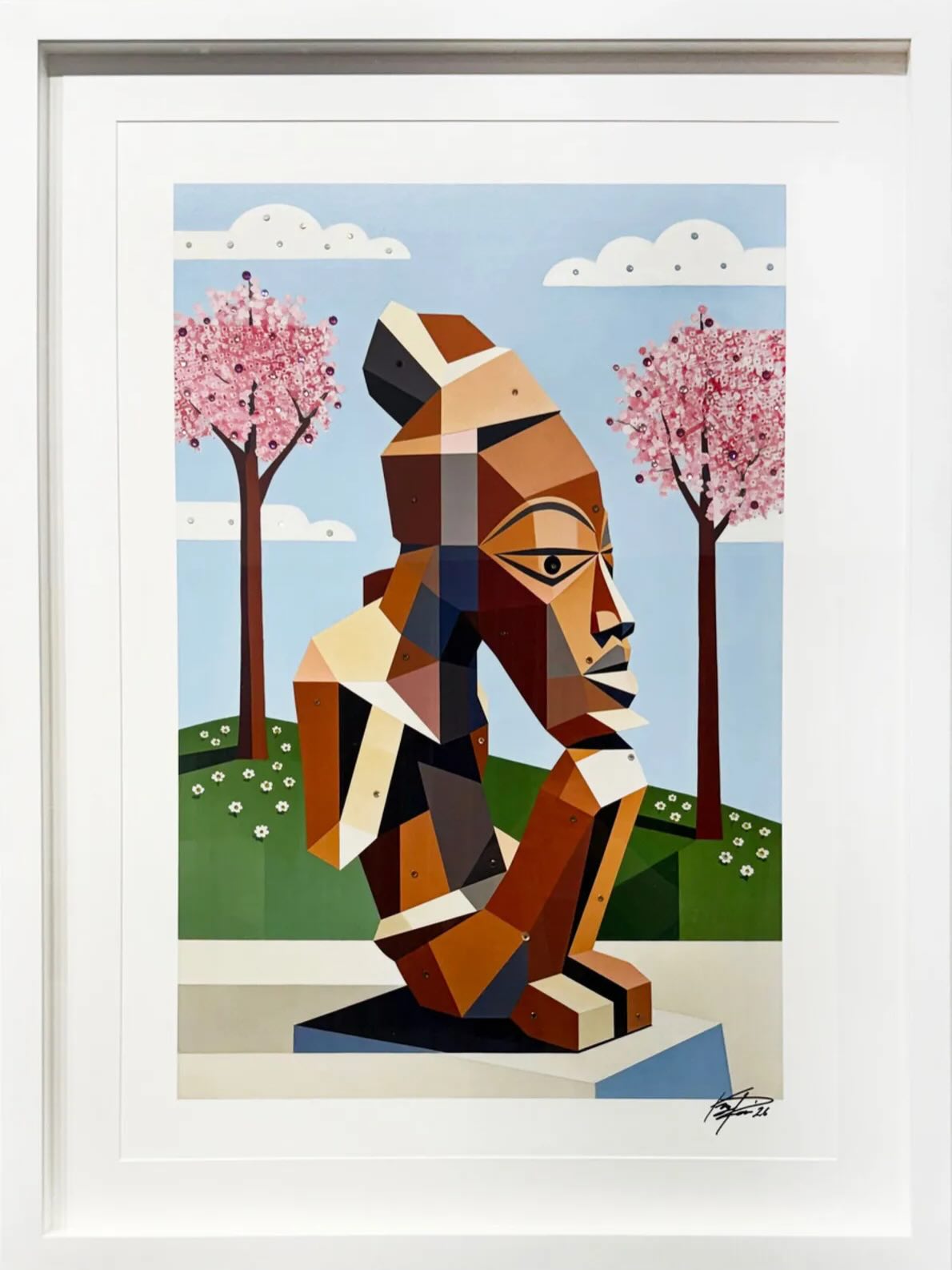 King Paris - The Flowers are Blooming, 2026
Archival print on 305 gsm Moab Juniper Baryta Rag Fine Art paper, Swarovski Crystals, and mixed media
36 × 24 in | 91.4 × 61 cm
Frame included
Editions 1-8 of 8
Part of a limited edition set Contact @dtrmodern #kingparis #artist #tribalart #africanart