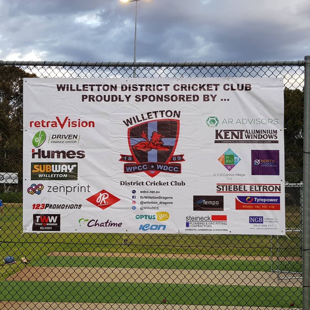 Outdoor vinyl banner 2.5m x 1.5m with eyelets displaying @willetton_dragons sponsor for season 2018/19.
Very good and very cost effective option.
.
Available in any size.
.
Slide into the DMs for more info.
.
#banners #promotion #marketing #perth #westernaustralia #willetton #localbusiness #supportlocal