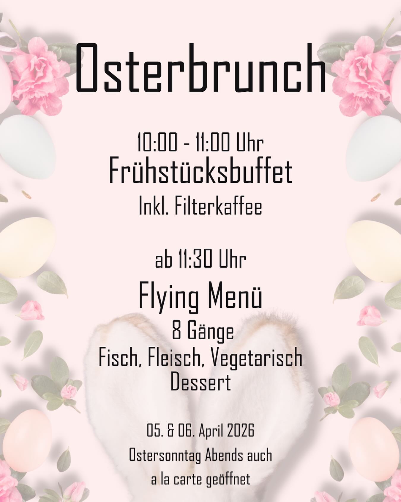 Eure Suche ist beendet!
Ostereier beim Frühstücksbuffet und danach unser beliebtes Flying Menü mit vielen kleinen Leckereien.
Frühstück und Menü für 36,90€ pro Person.
Ostersonntag haben wir zudem auch abends geöffnet.
Reserviert euch jetzt einen Platz. - Telefonisch unter 0471/48364080 oder online auf www.pier6.de.
#pier6 #ostern #brunch #bremerhaven