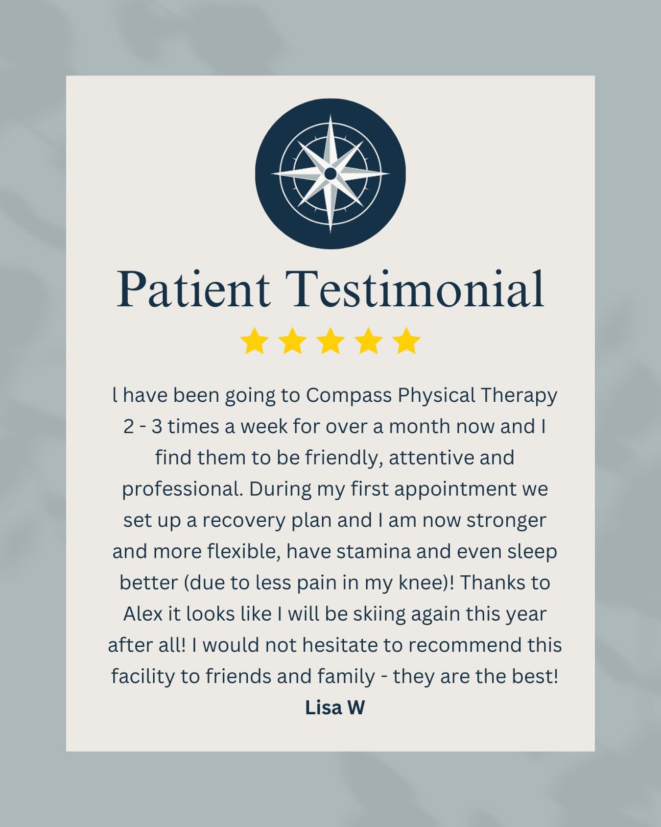 Stronger, more flexible, and back on track to ski again! ⛷️
We’re so grateful for this amazing review and proud to help our patients reduce pain, sleep better, and get back to the activities they love.
Thank you for trusting Compass PT with your recovery!
#compasspt #physicaltherapy #testimonialtuesday #recovery