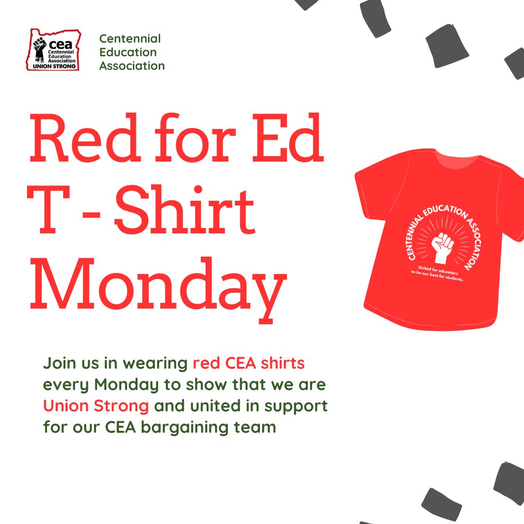 Don't forget to continue wearing your red CEA shirts every Monday we have school!
Remind a friend to show up in solidarity with our bargaining team this week!